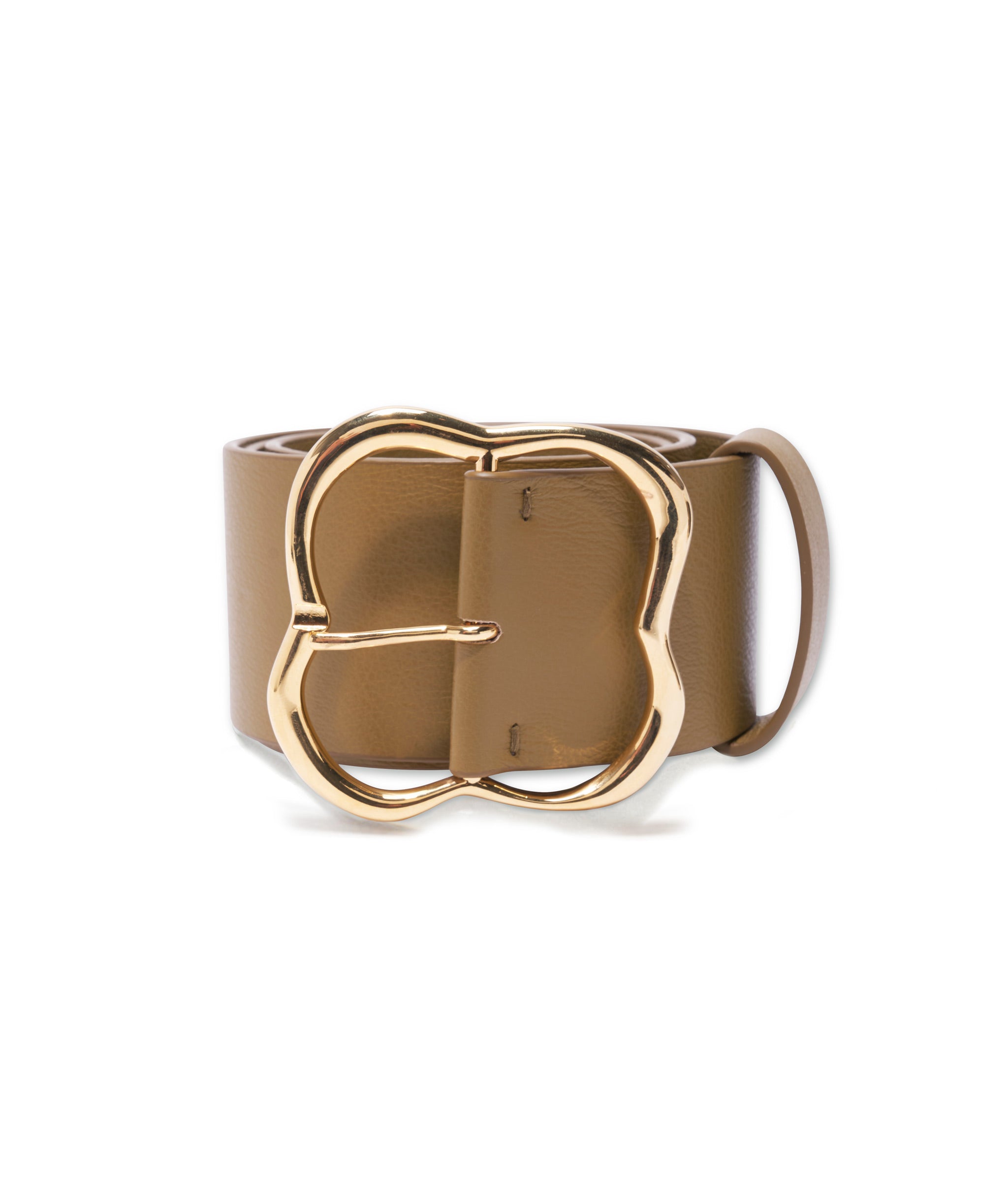 Florence Belt in Khaki. In khaki brown leather with abstract clover-shaped buckle in gold-plated brass.