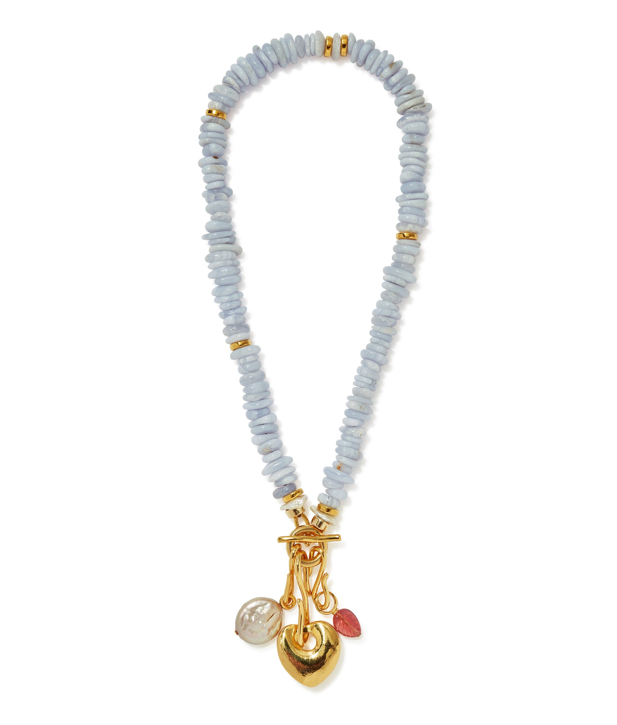 Mood Necklace in Blue Lace Agate. Single-strand of light blue agate beads with gold-plated toggle, with charms attached.