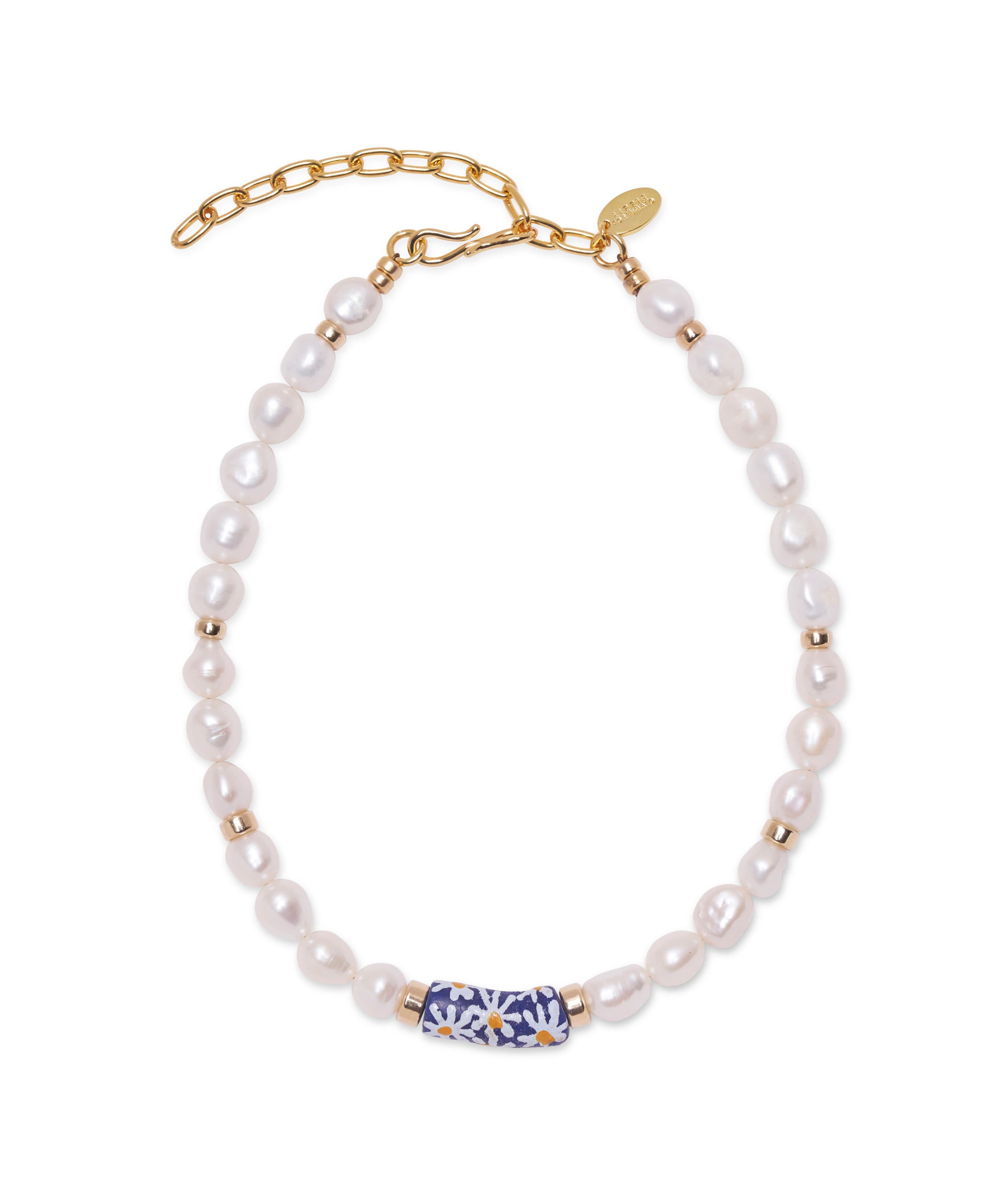 Daisy Pearl Necklace. Pearl beaded necklace with gold fill accents and painted blue flower Krobo bead, s-hook closure.