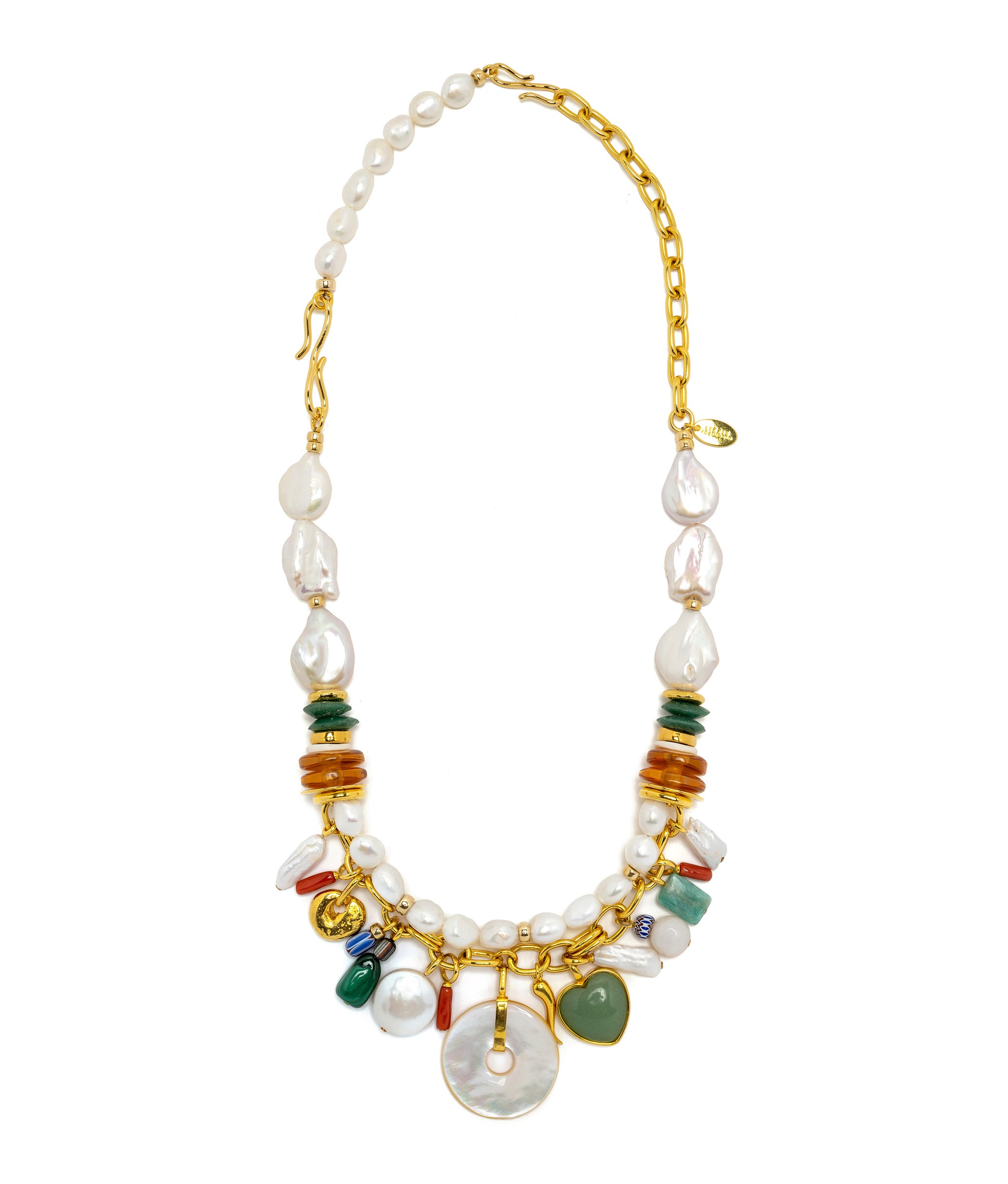 4.75" Pearl Extender. Gold-plated brass chain with pearls and S-hook, attached to statement necklace.