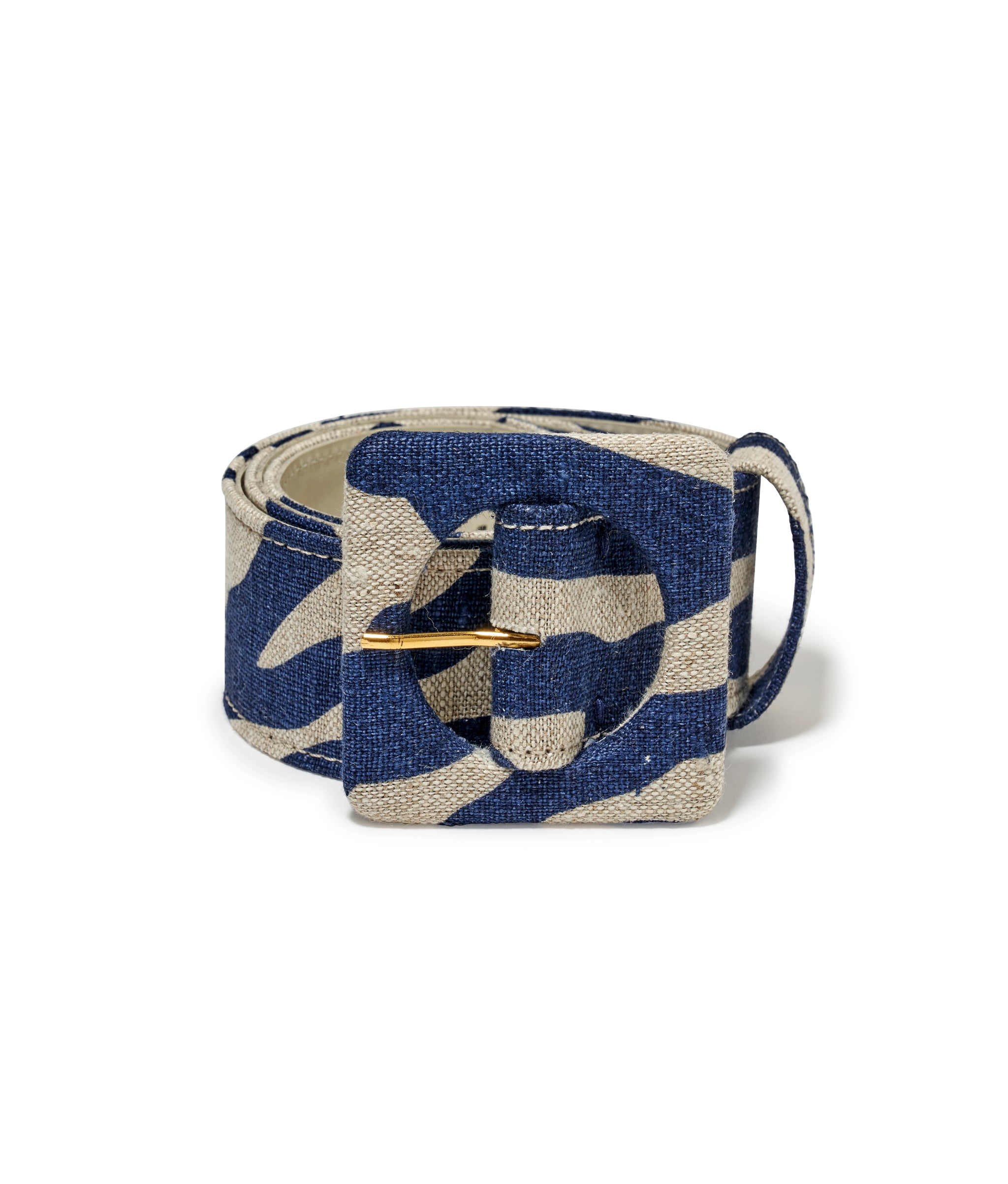 Agnes Belt in Indigo Zebra. Rolled up wide belt in blue and beige animal print linen, with square fabric-covered buckle.