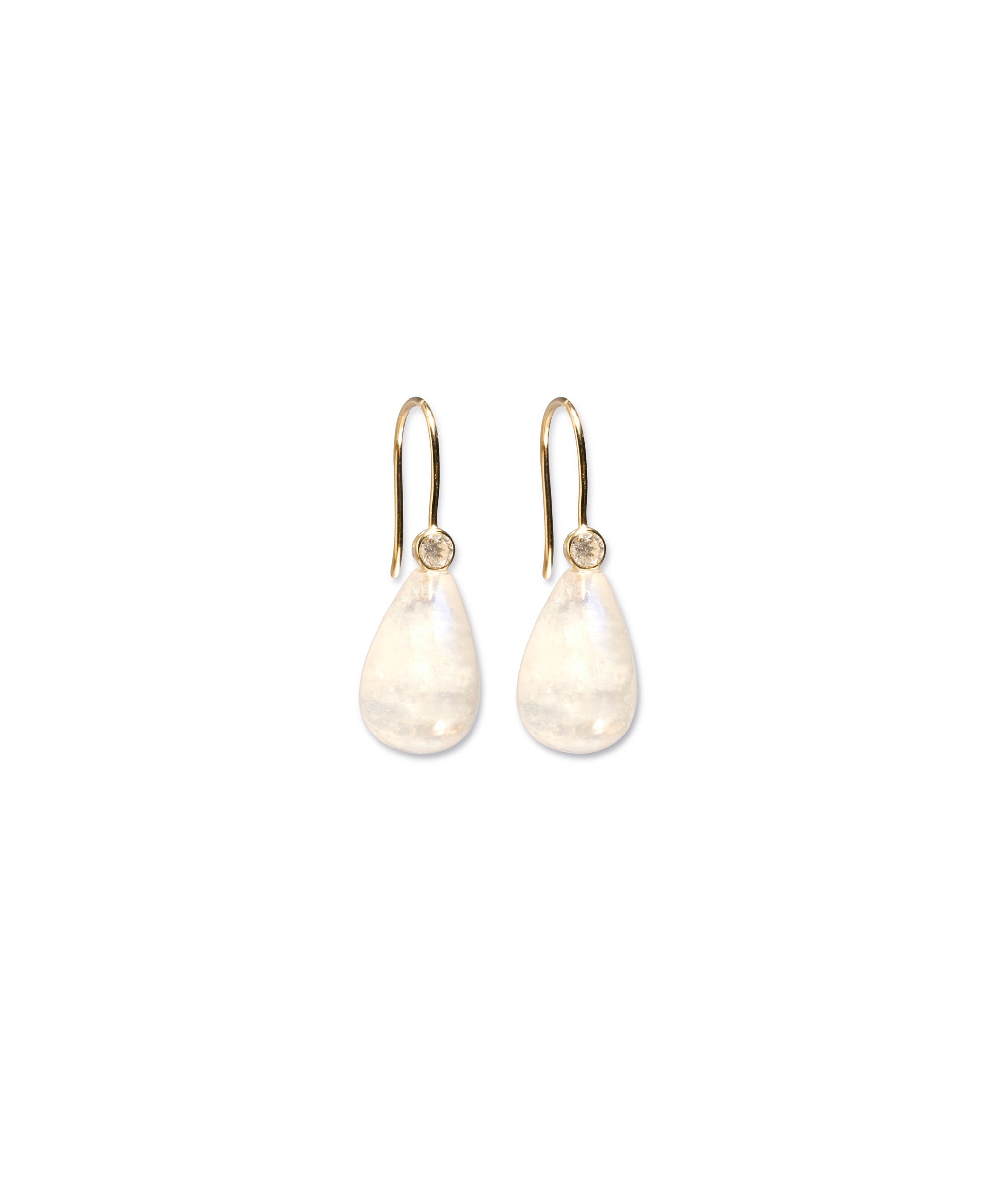 Moonstone and Diamond 14K Earrings. Yellow gold earwires with small diamond tops and moonstone drops.