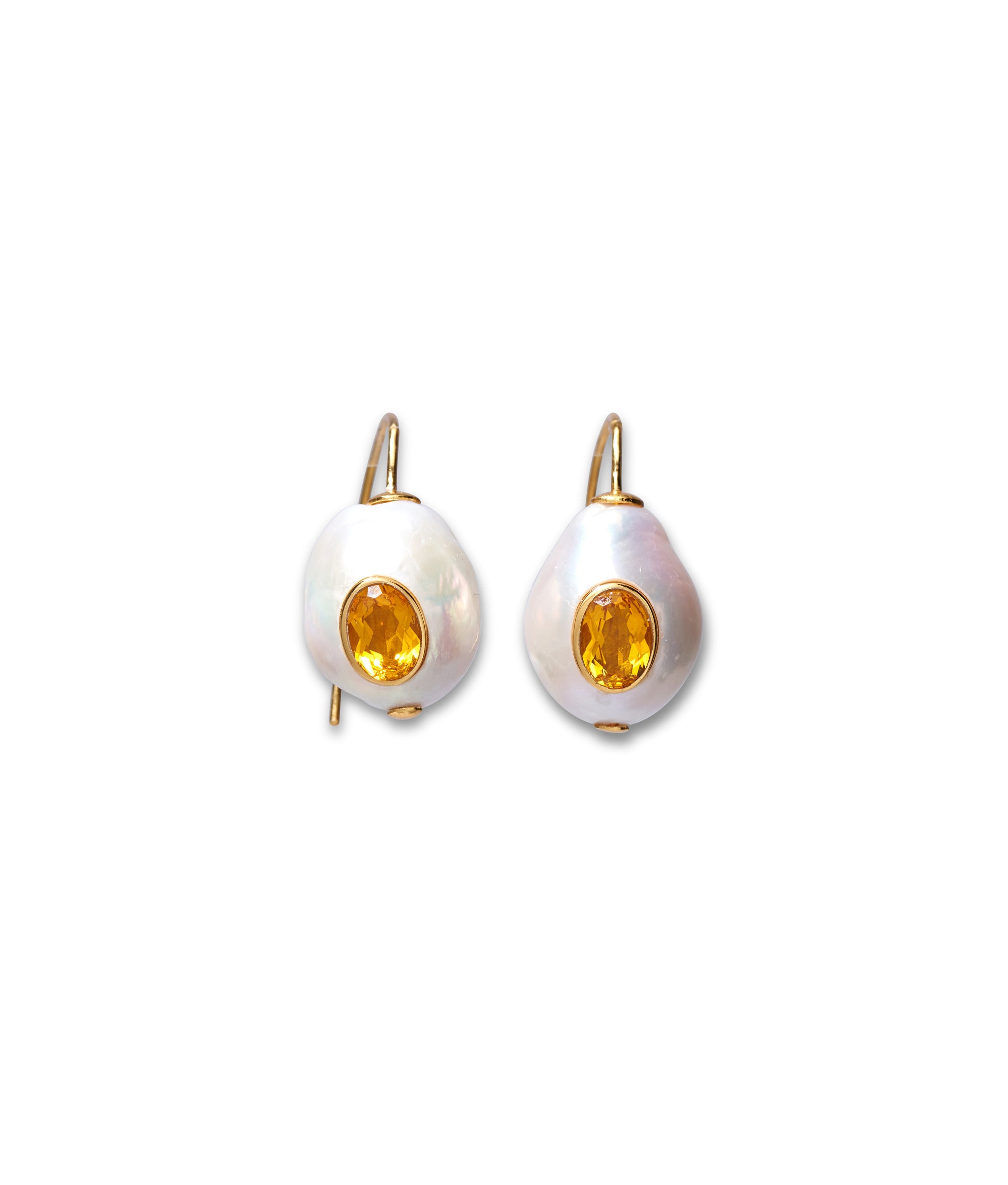 Pearl Pablo Earrings in Citrine. Gold ear wires with freshwater pearl drops inlaid with faceted citrine stones.