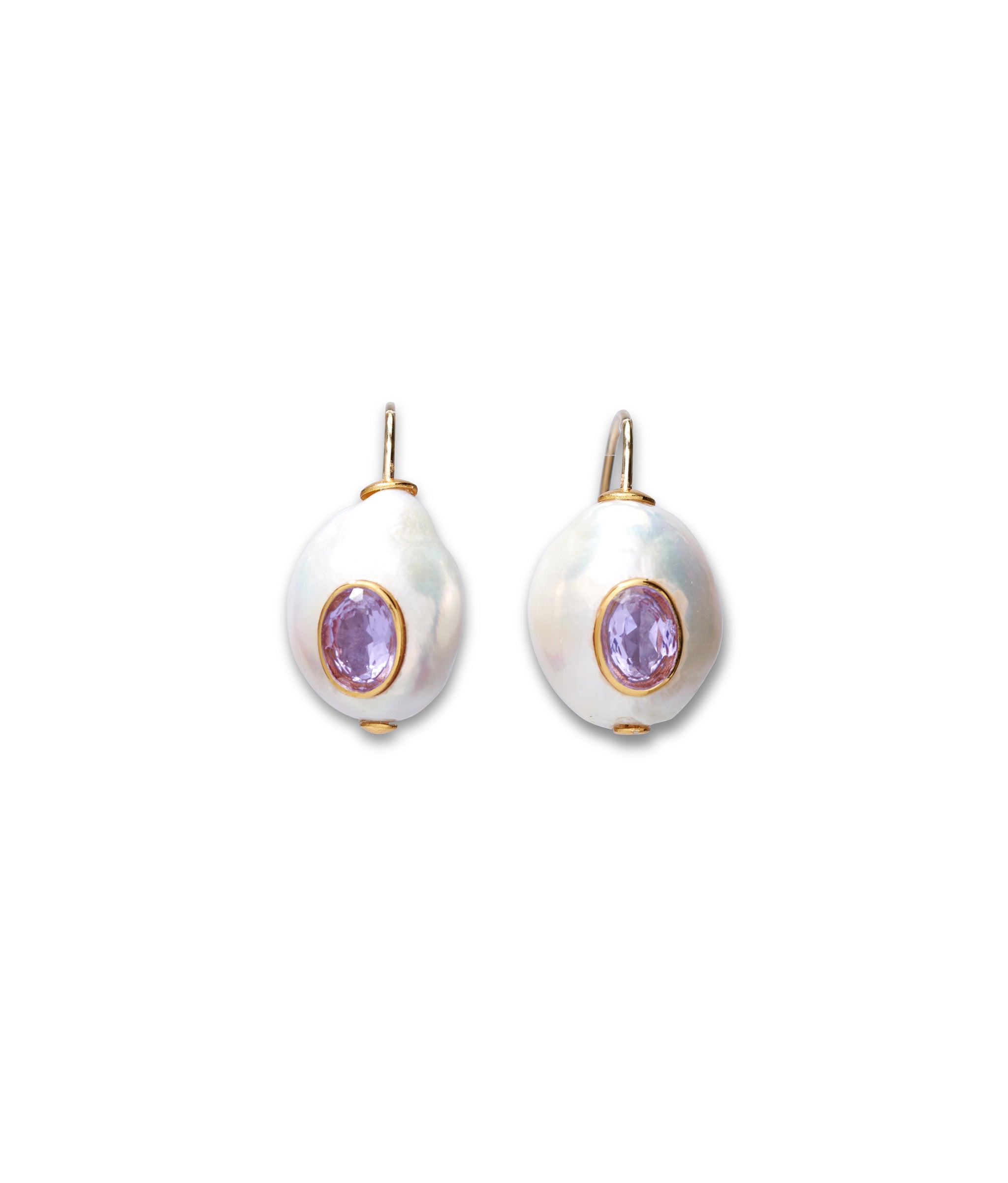 Pearl Pablo Earrings in Pink Amethyst. Gold ear wires with freshwater pearl drops inlaid with faceted pink amethyst.