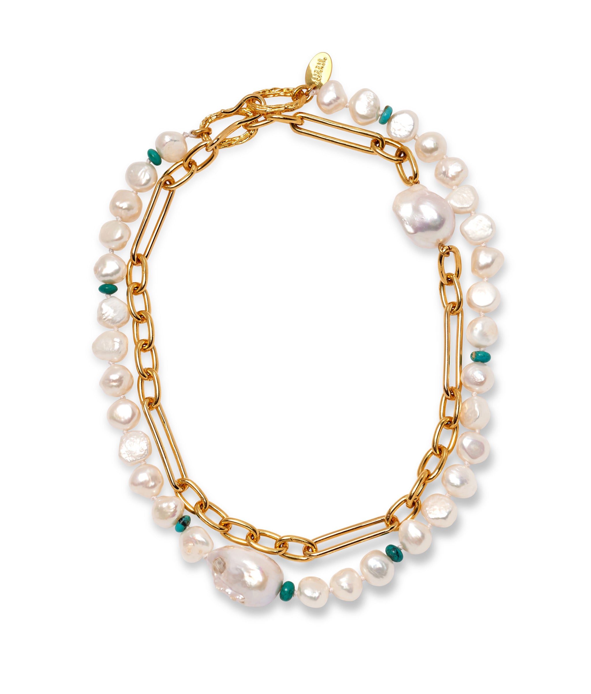 Double wrapped gold-plated brass linked chain, knotted freshwater pearls and turquoise bead.