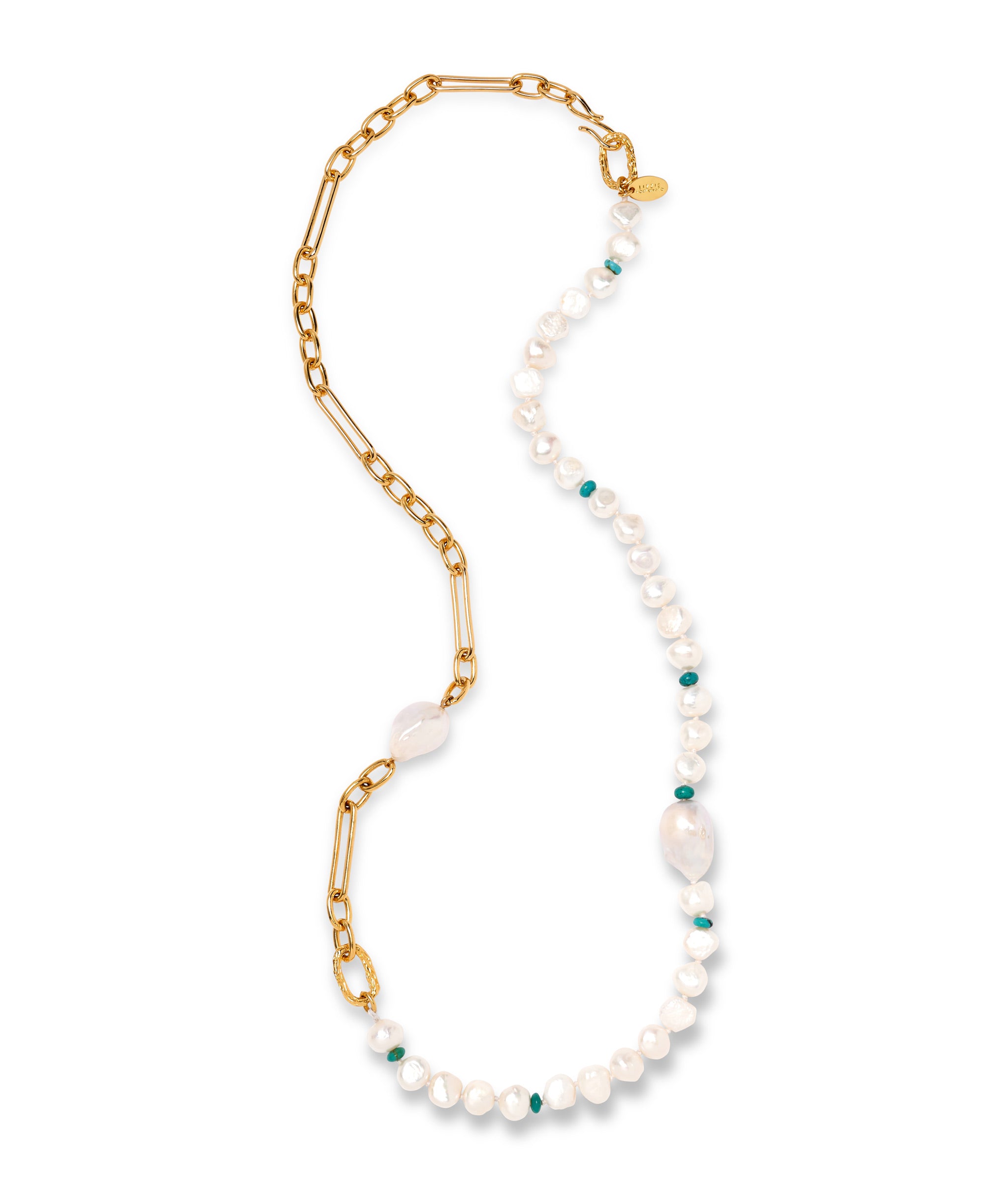 Long gold-plated brass linked chain, knotted freshwater pearls and turquoise bead.
