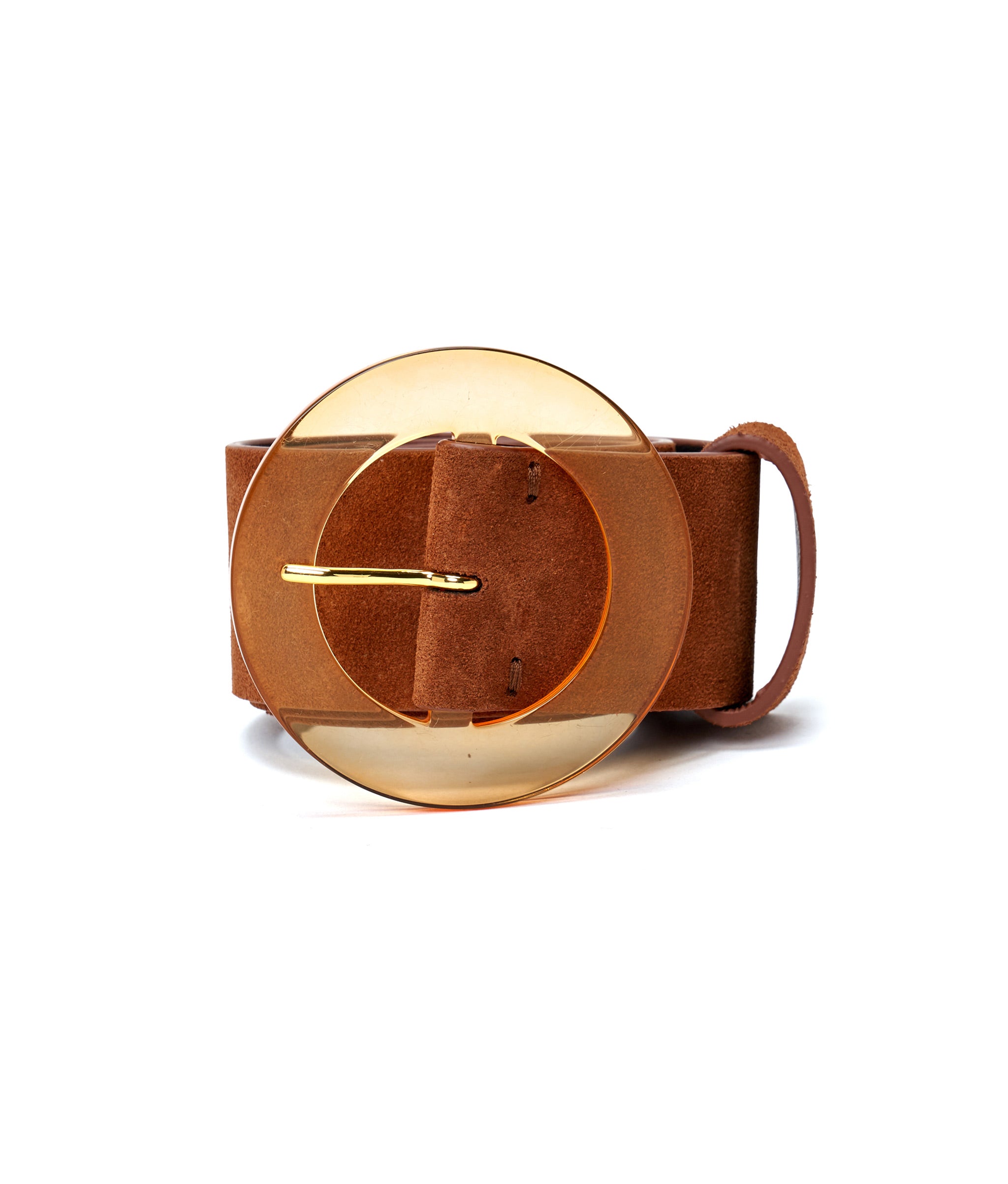 Louise Belt in Sienna. Wide belt in orangey-red sienna suede, with large round resin buckle.