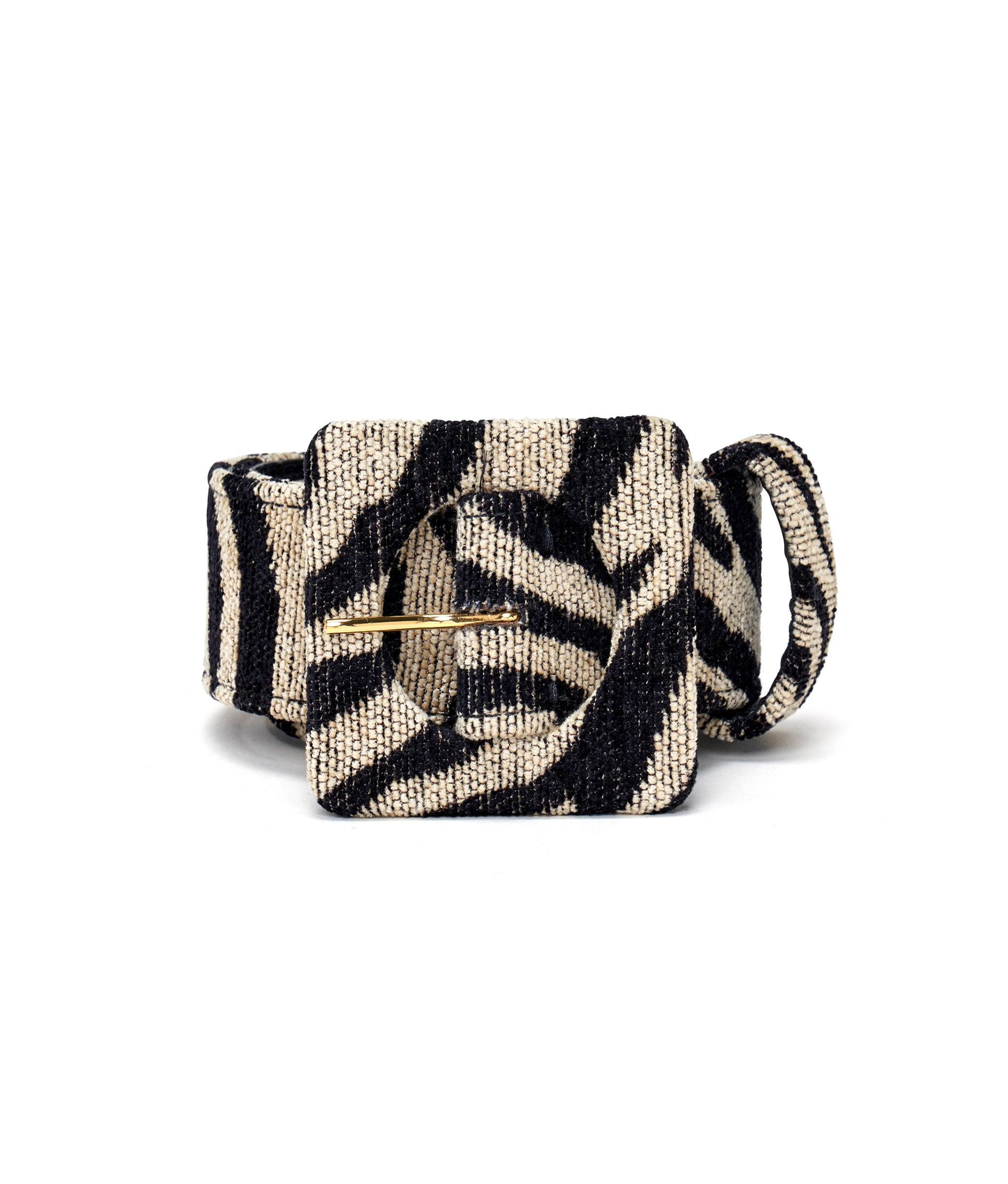 Agnes Belt in Black and White Tiger. Patterned chenille belt with oversized covered square buckle.
