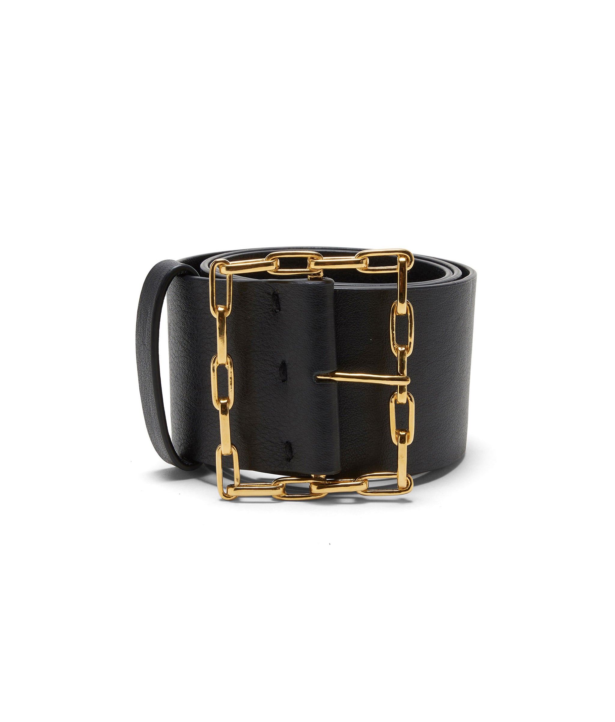 Geo Chain Belt in Black. Wide black leather belt with square gold linked buckle.