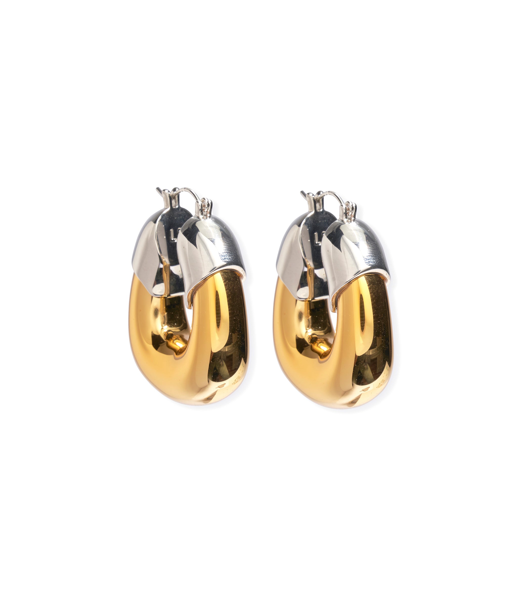 Organic Hoops in Mixed Metal. Chunky gold-plated hoop earrings with shiny silver tops.