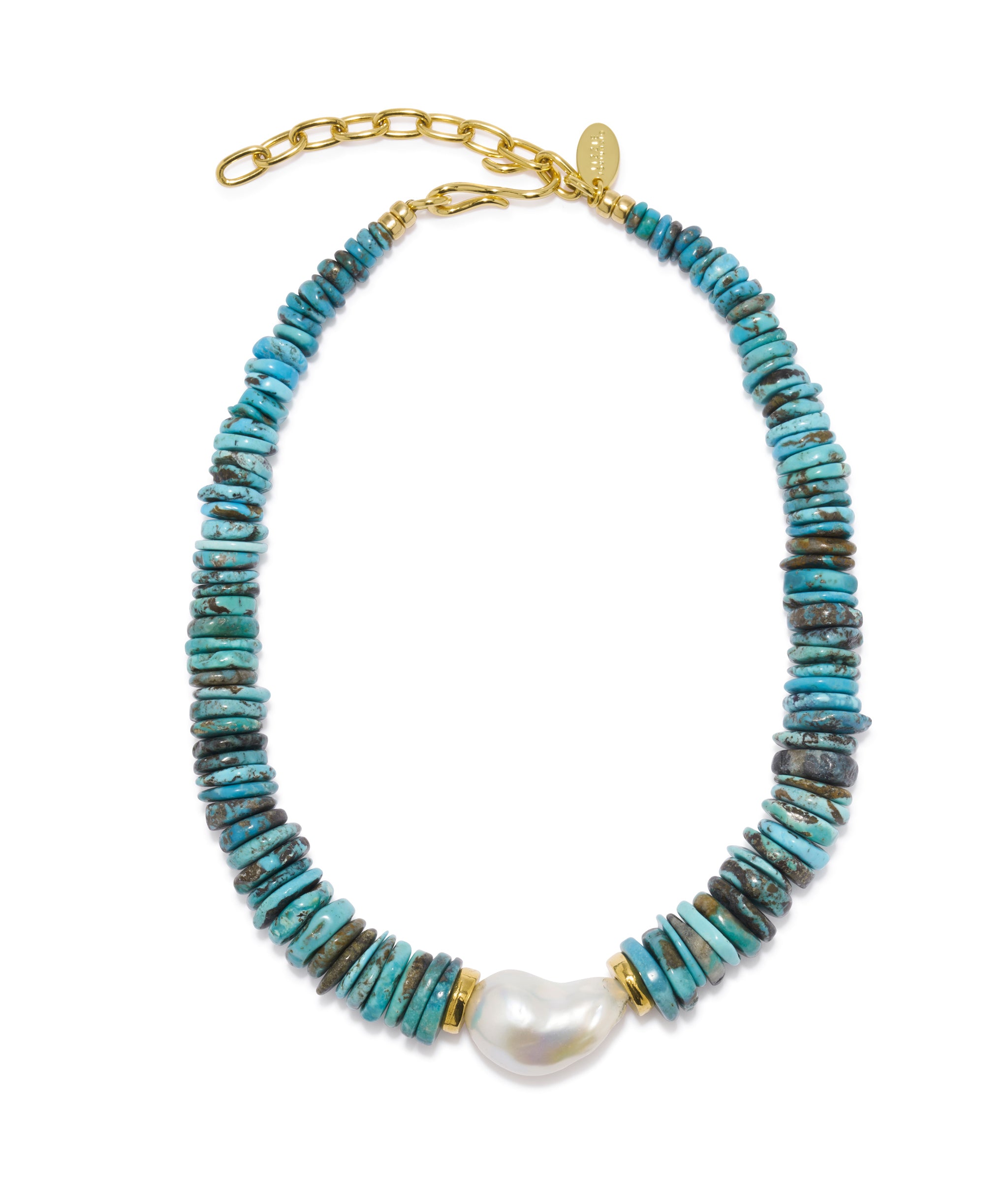 Sky Stone Necklace. Statement single strand of natural turquoise with large freshwater pearl and gold-plated closure.