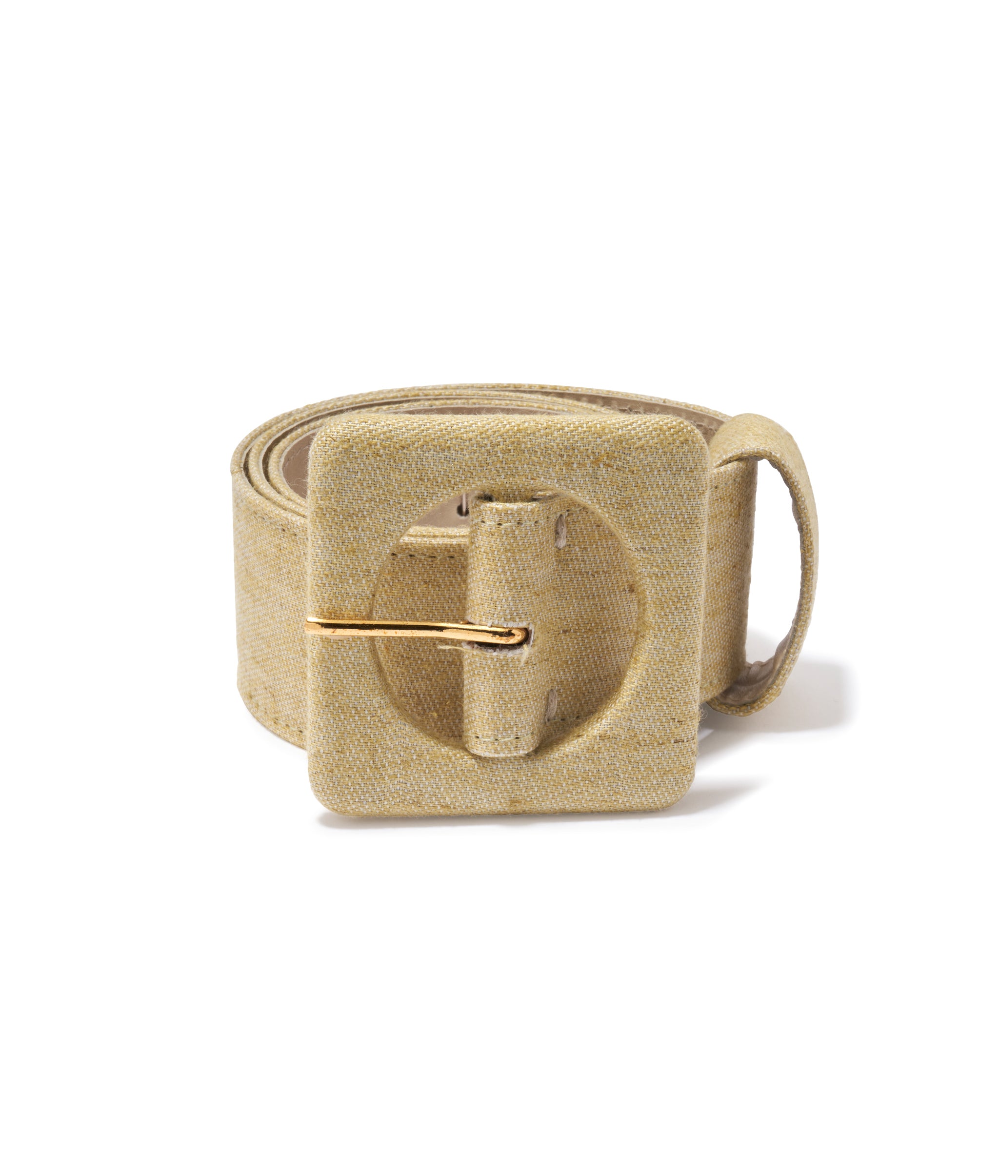 Agnes Belt in Citron Twill. Wide rolled-up belt in a warm tan twill, with square fabric-covered buckle.