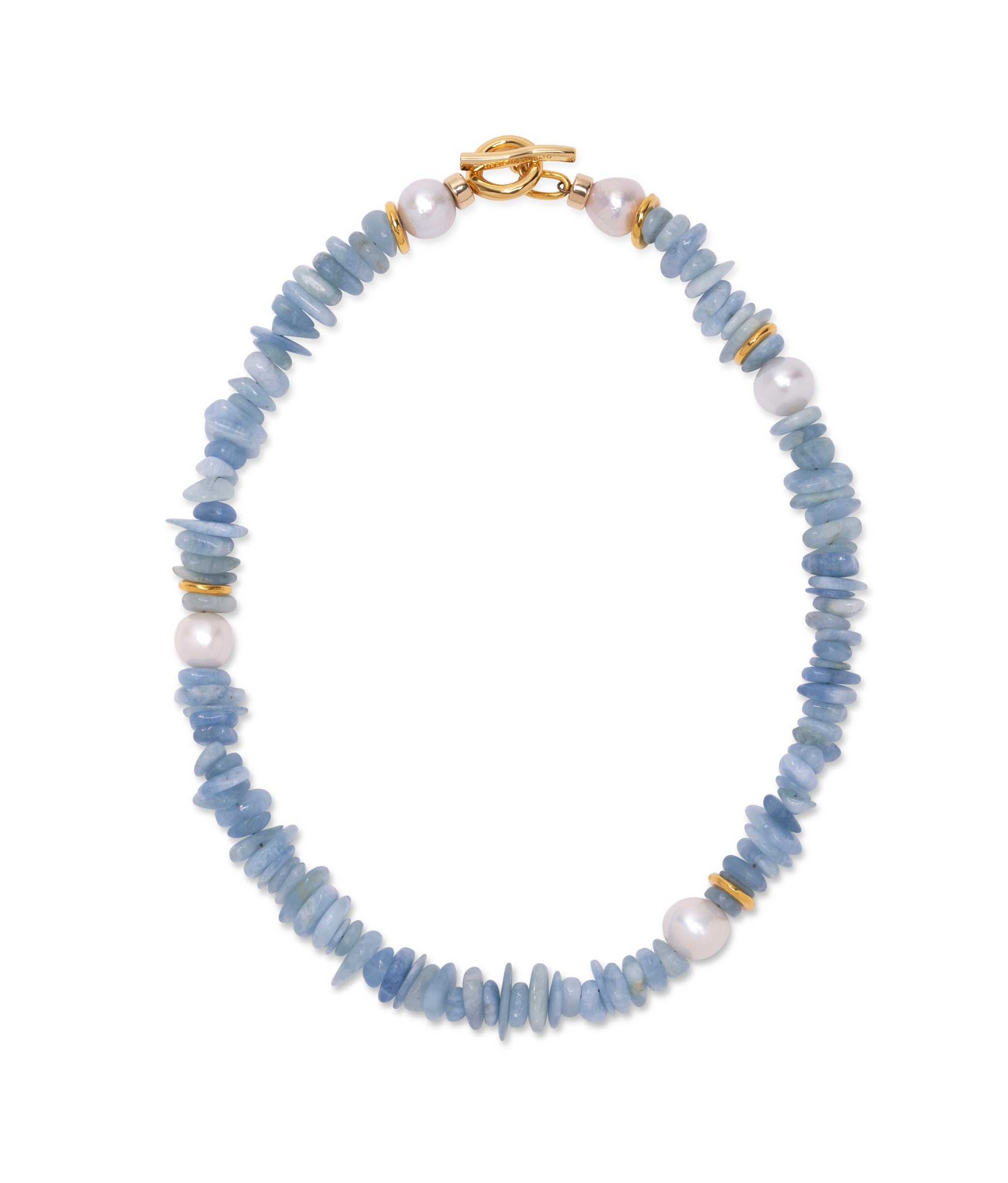 Mood Necklace in Aquamarine. Aquamarine necklace with freshwater pearls and gold plated brass with toggle closure.