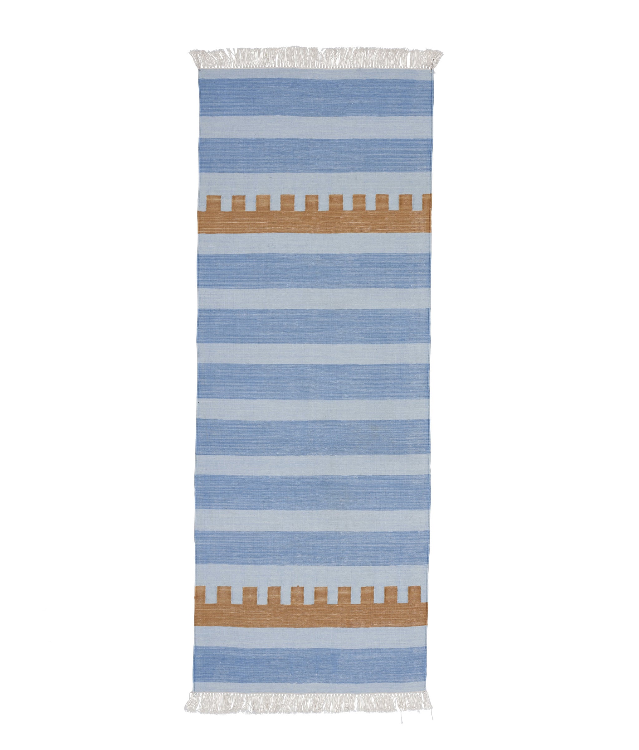 Andes Stripe in Sky Runner. Long rectangular flat weave "dhurrie" rug in two-tone blue stripes with orange stripe accents.