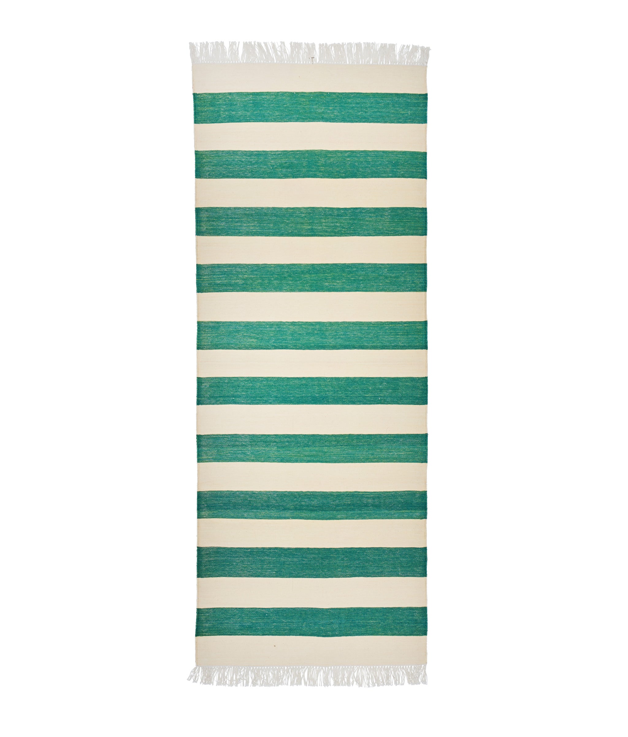 Rugby Stripe Runner in Ivy. Flat woven rug with green and white stripes and white fringe at edges.