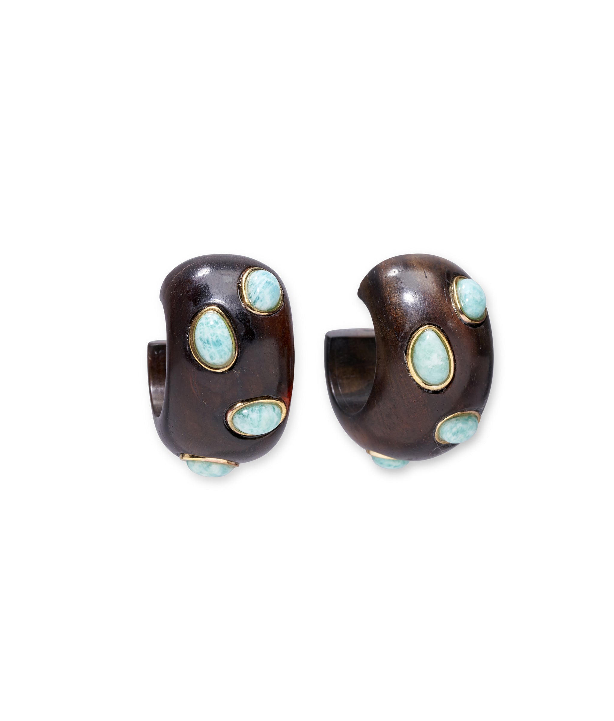 Acacia Earrings in Amazonite. Smooth carved sandalwood hoops inlaid with gold-plated bezels and aqua amazonite stones.