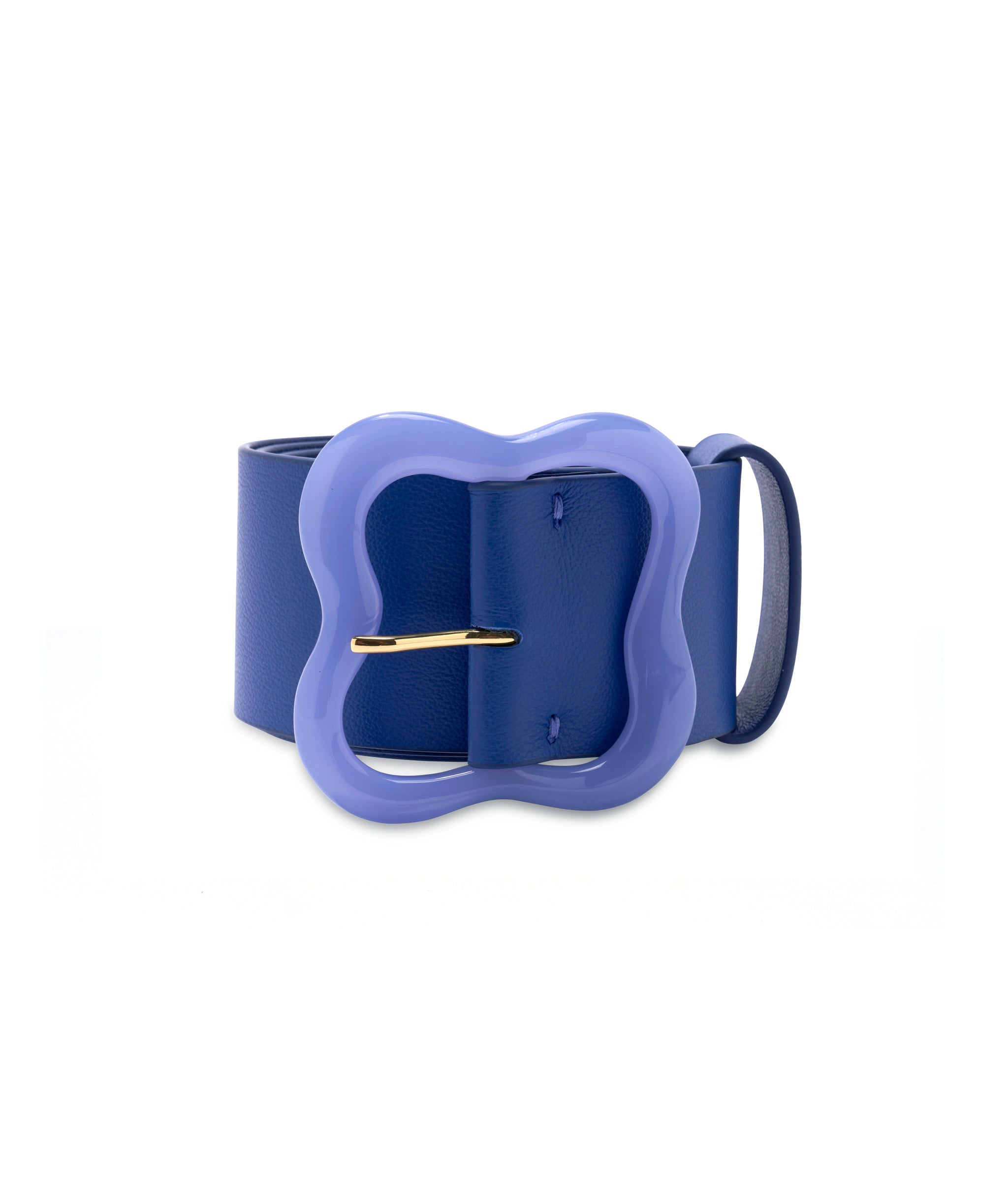 Florence Belt in Azure. Blue leather belt with abstract clover-inspired buckle in cornflower blue resin.