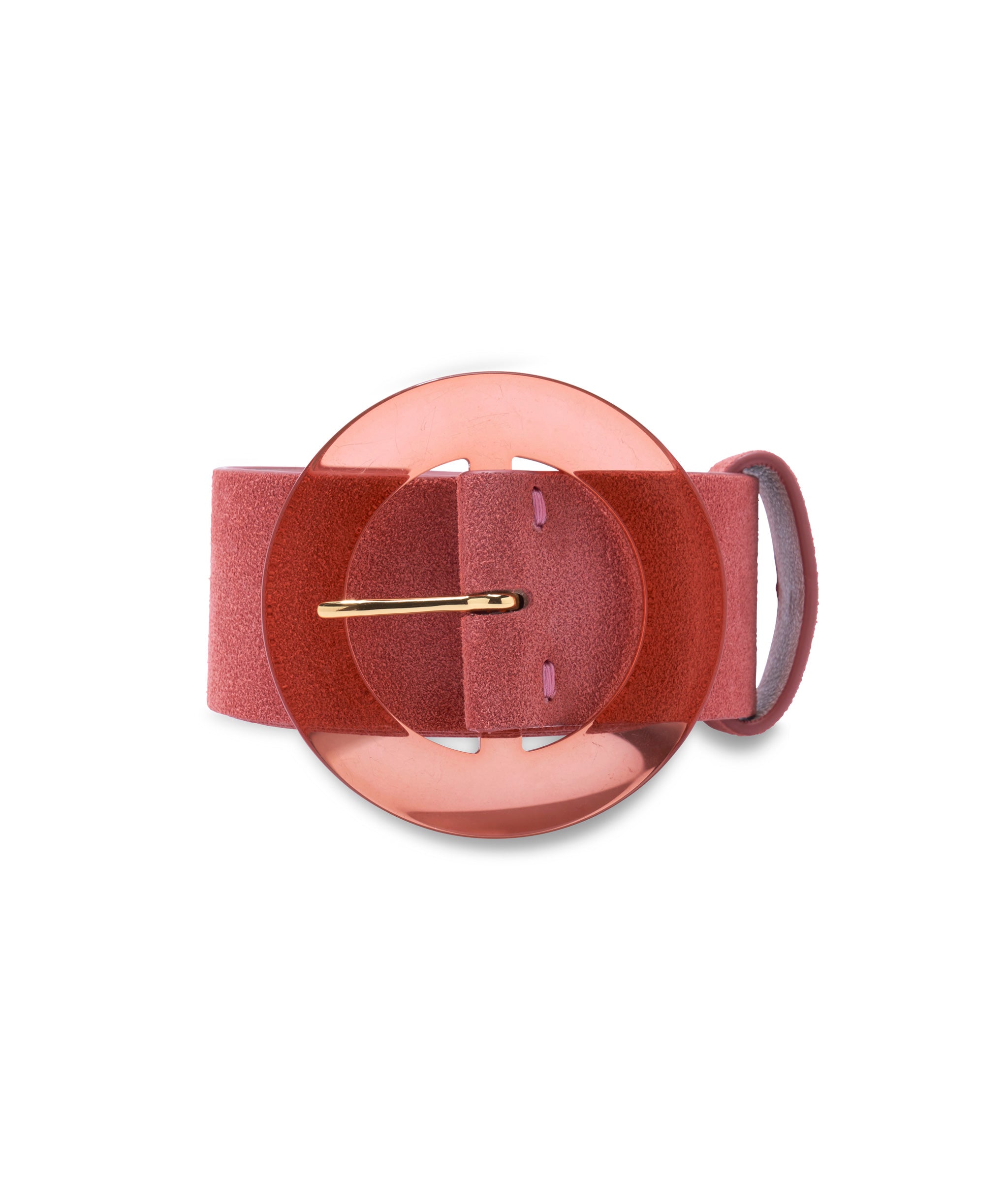 Louise Belt in Conch Suede. Coral-colored suede wide belt with round resin buckle.