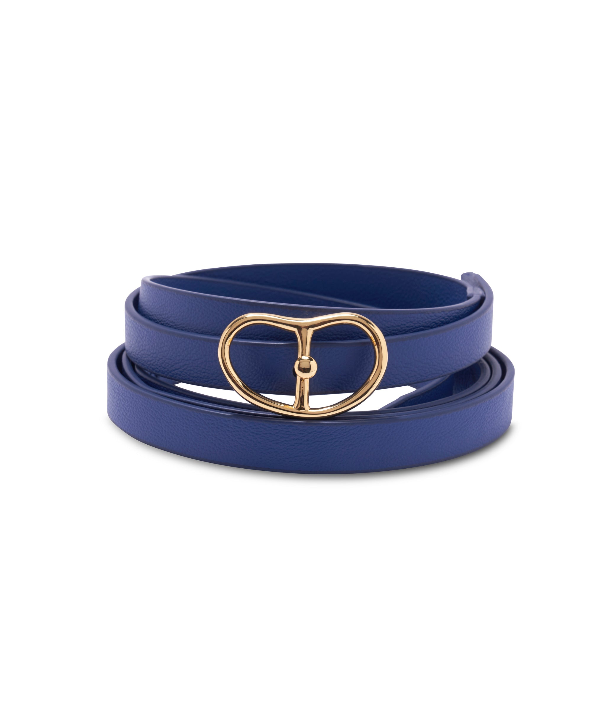 Double Wrap Georgia Belt In Azure. Thin blue leather belt with double wrap and gold-plated brass 'kidney' buckle.