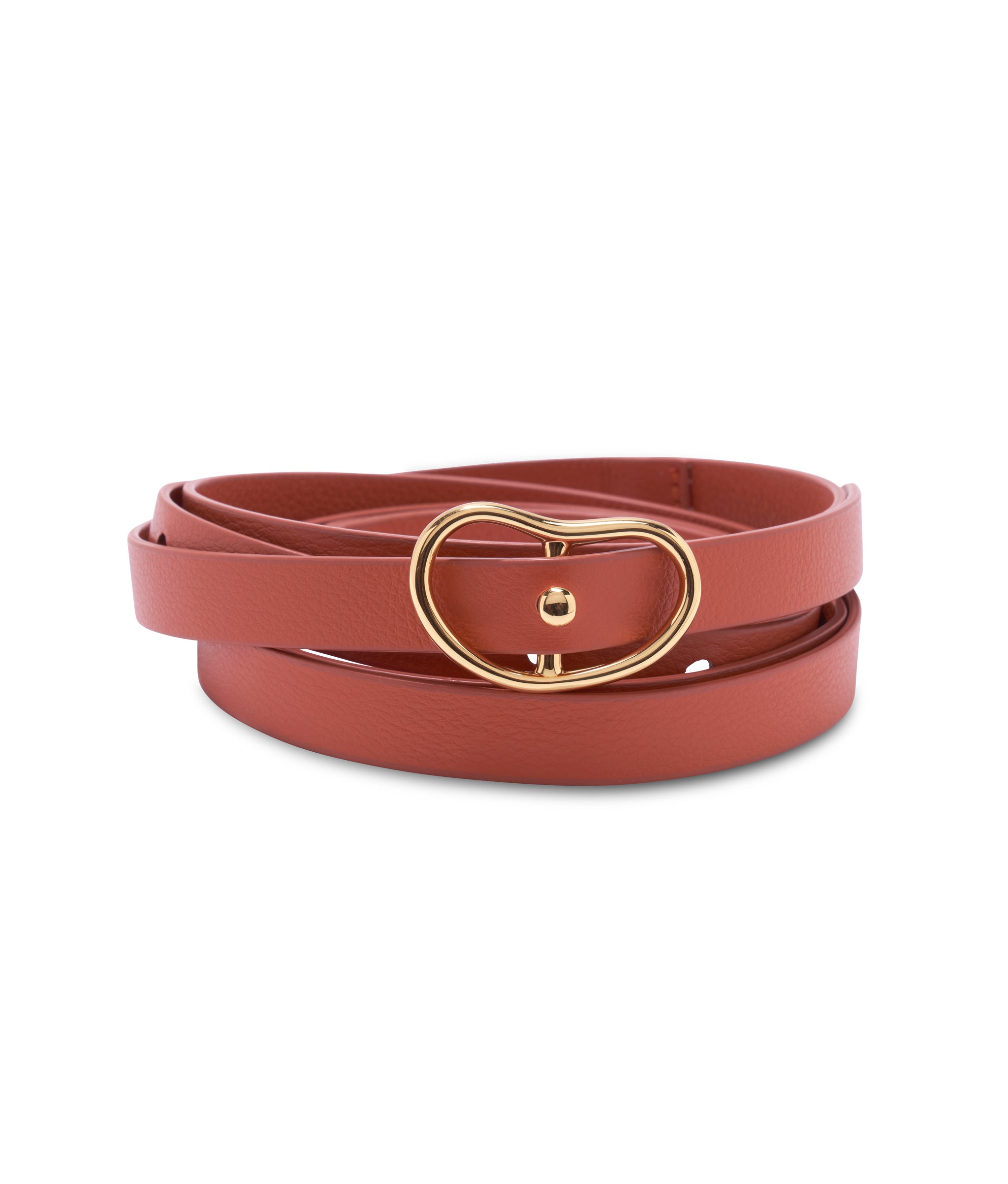 Double Wrap Georgia Belt In Papaya. Thin belt in orangey-red leather with adjustable double wrap and gold buckle.