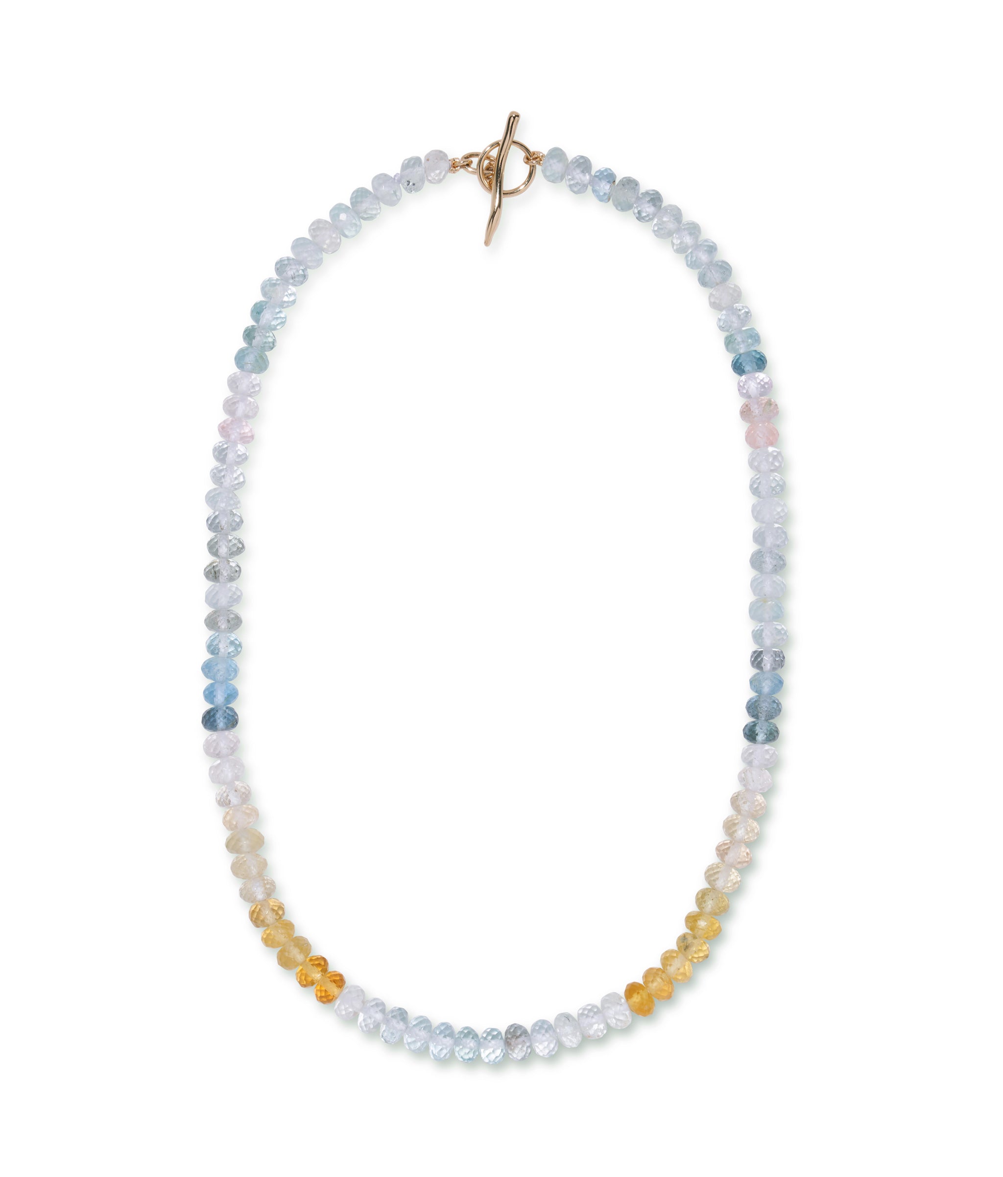 Rainbow Aquamarine, Morganite & 14k Gold Necklace. With faceted shaded rondelle beads and 14k gold toggle closure.