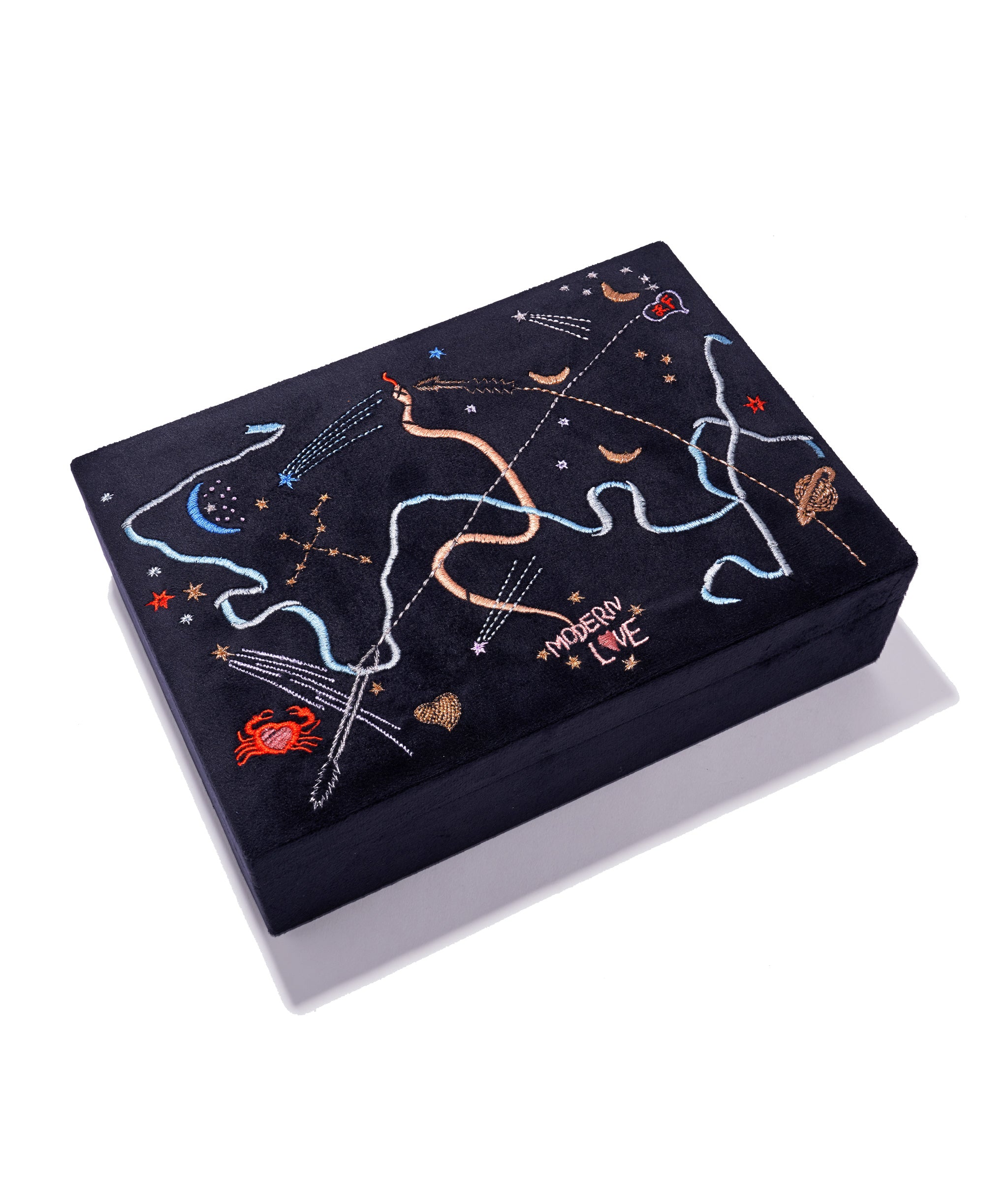 Modern Love Jewelry Box.  Black velvet and satin rectangular storage box, embroidered with zodiac-inspired illustrations.