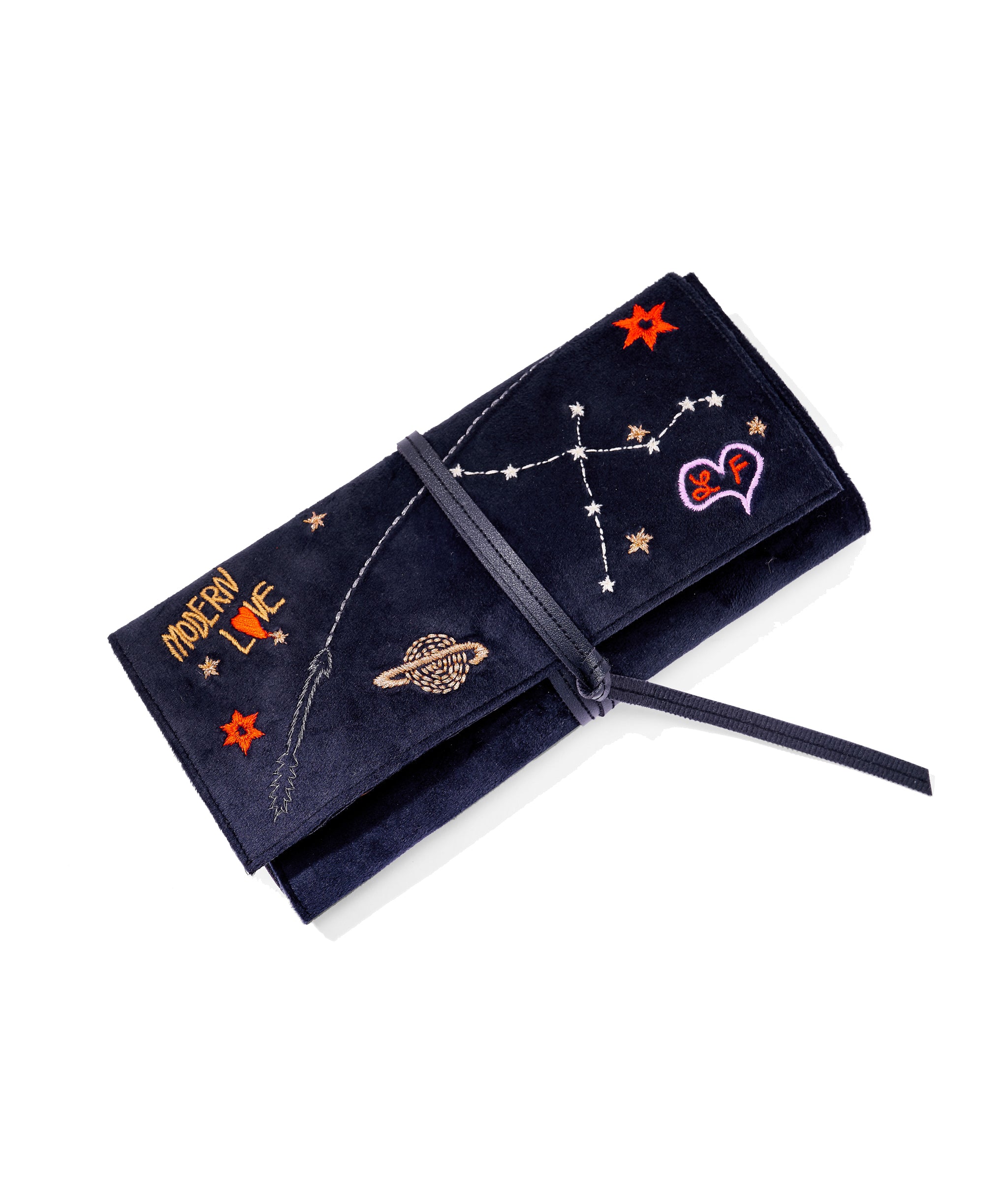 Modern Love Jewelry Roll. Black velvet with vegan leather tie, embroidered with zodiac-inspired illustrations.