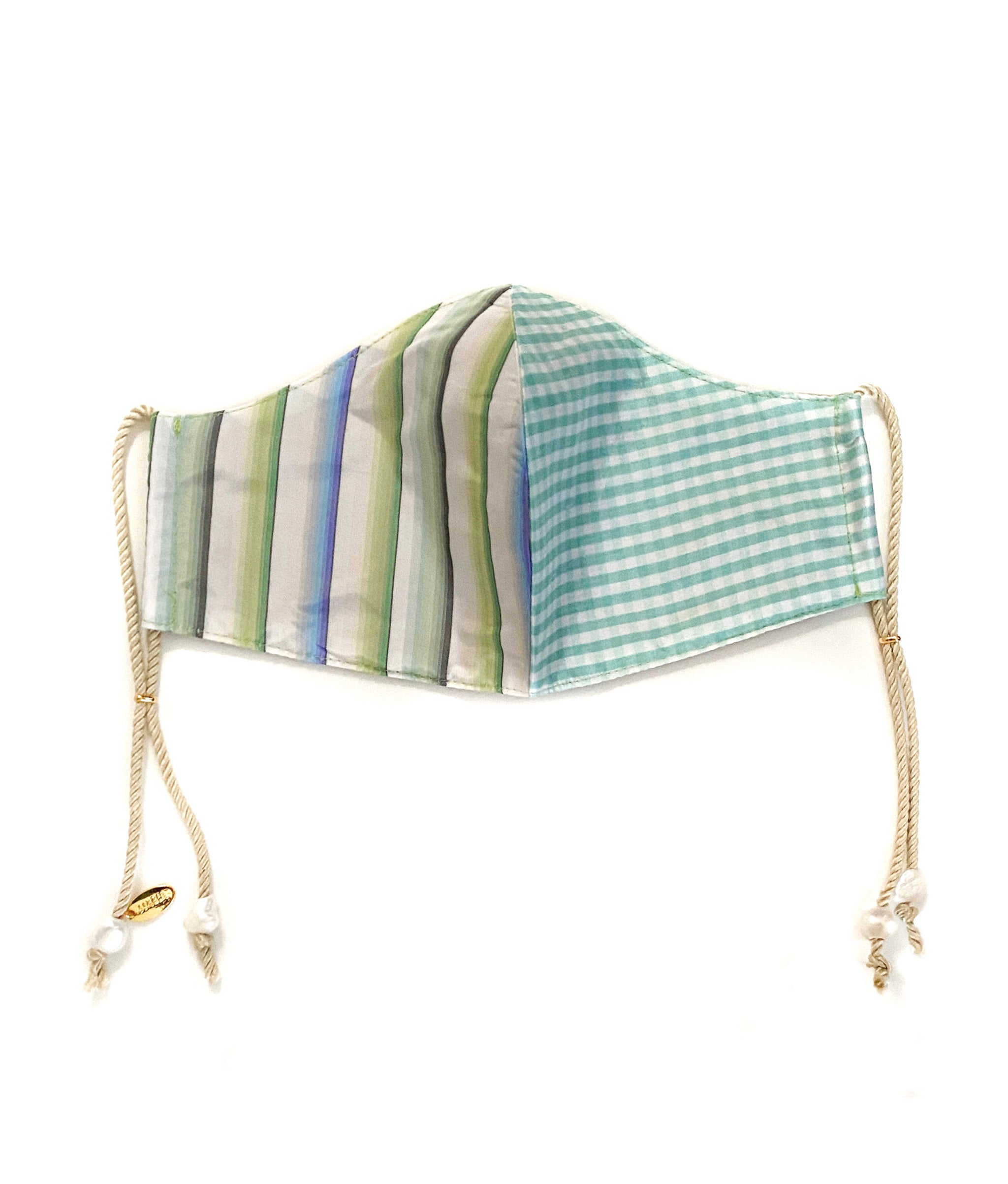 Face Mask in Palma. Cool-tone striped cotton and green gingham silk mask with tan cord straps and freshwater pearl details.