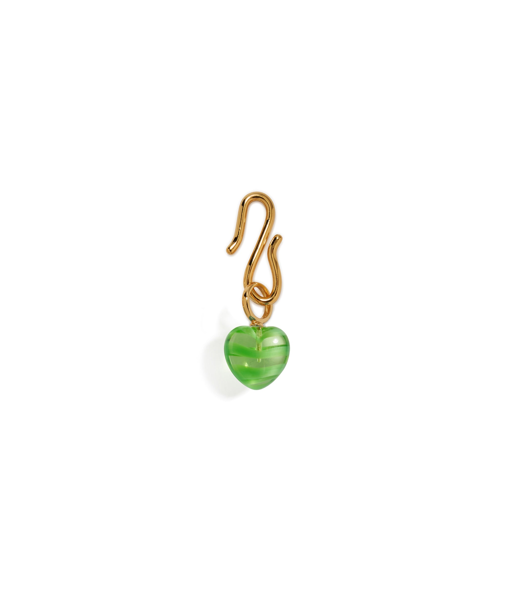 Green Envy Charm. Green striped glass heart necklace charm with gold-plated brass S-hook.