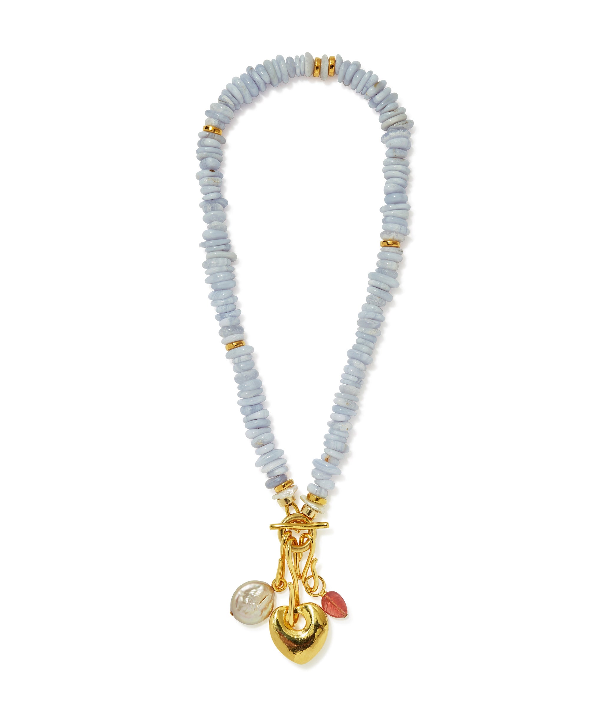 Mood Necklace in Blue Lace Agate with Golden Love Charm, Spring Fever and Pink Coin Pearl charms attached.