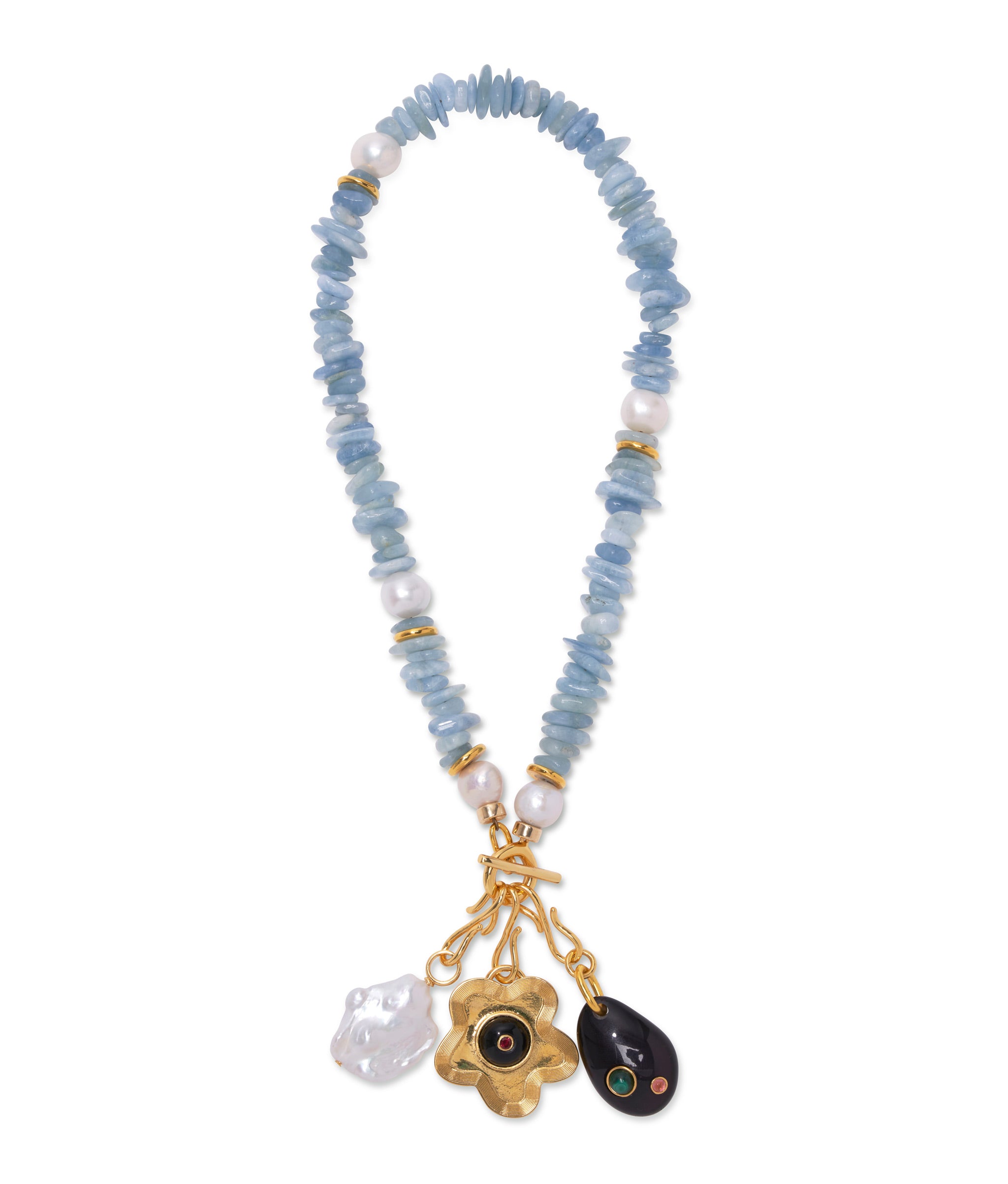 Mood Necklace in Aquamarine with Deep Dive Charm, Nana Pendant in Black Daisy, and Roman Candle Charm.