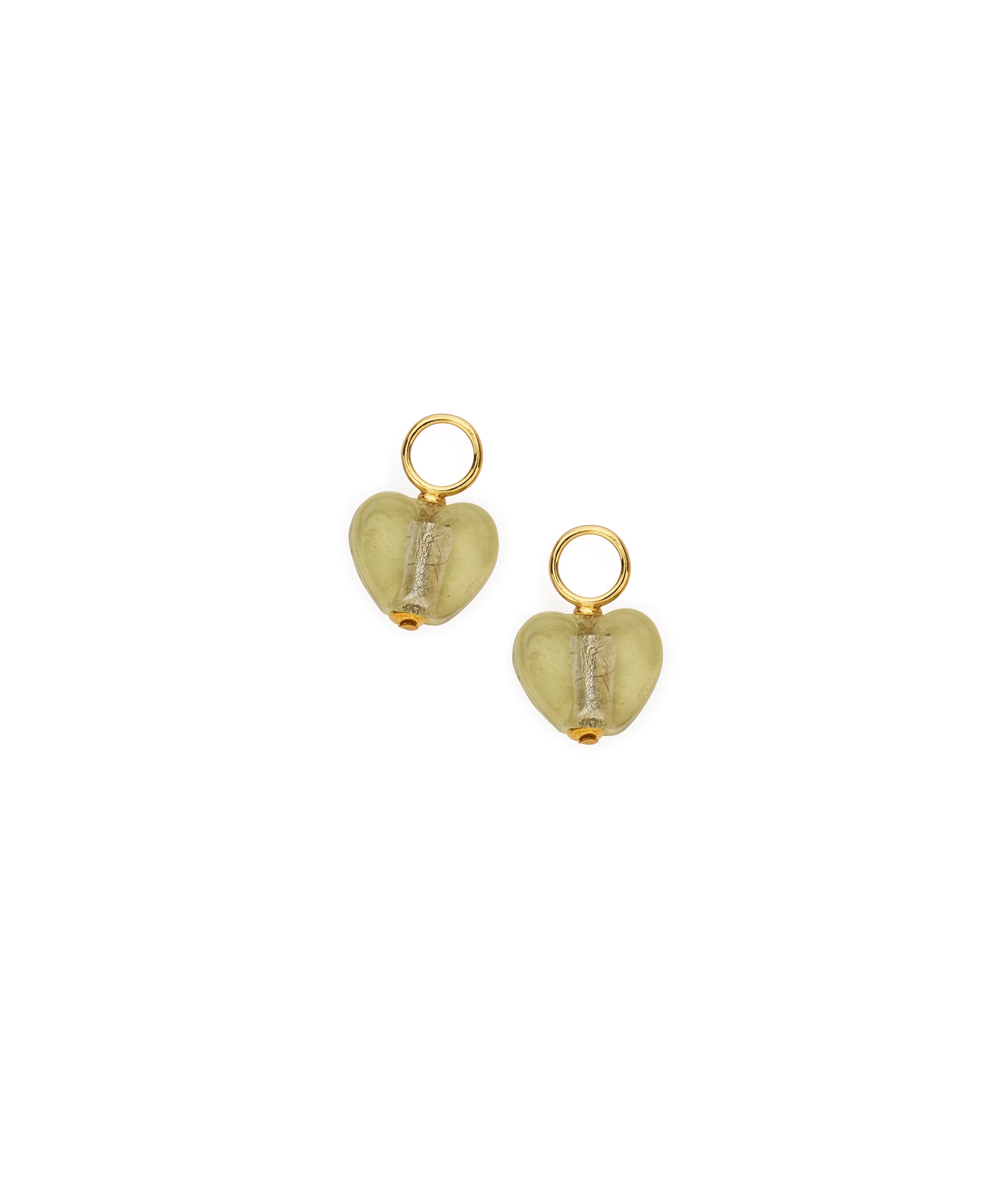 August Aura Charm. Pair of peridot heart charms with gold-plated brass ring.