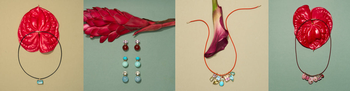 Row of four flatlays with red flowers and jewelry on tan and sage green backdrops