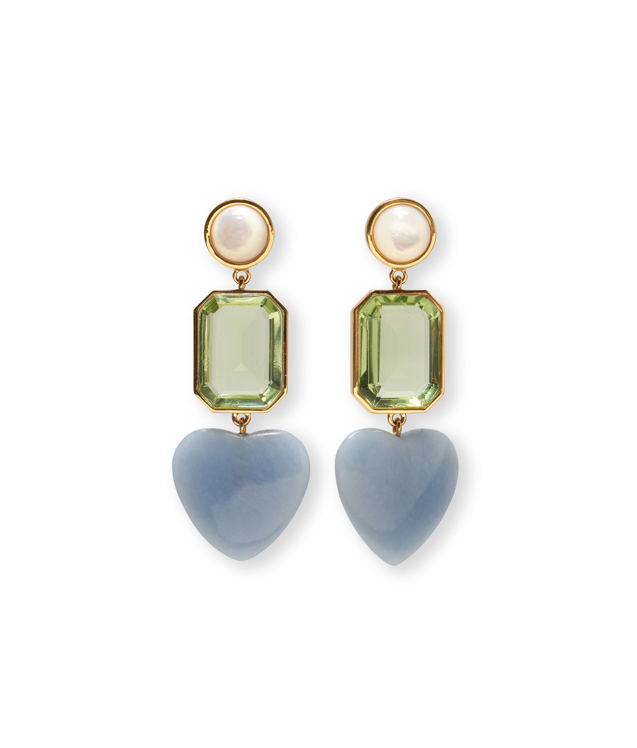 Demy Earrings in Azul. Gold-plated brass, mother-of-pearl tops, green quartz baguettes, and carved blue angelite hearts.