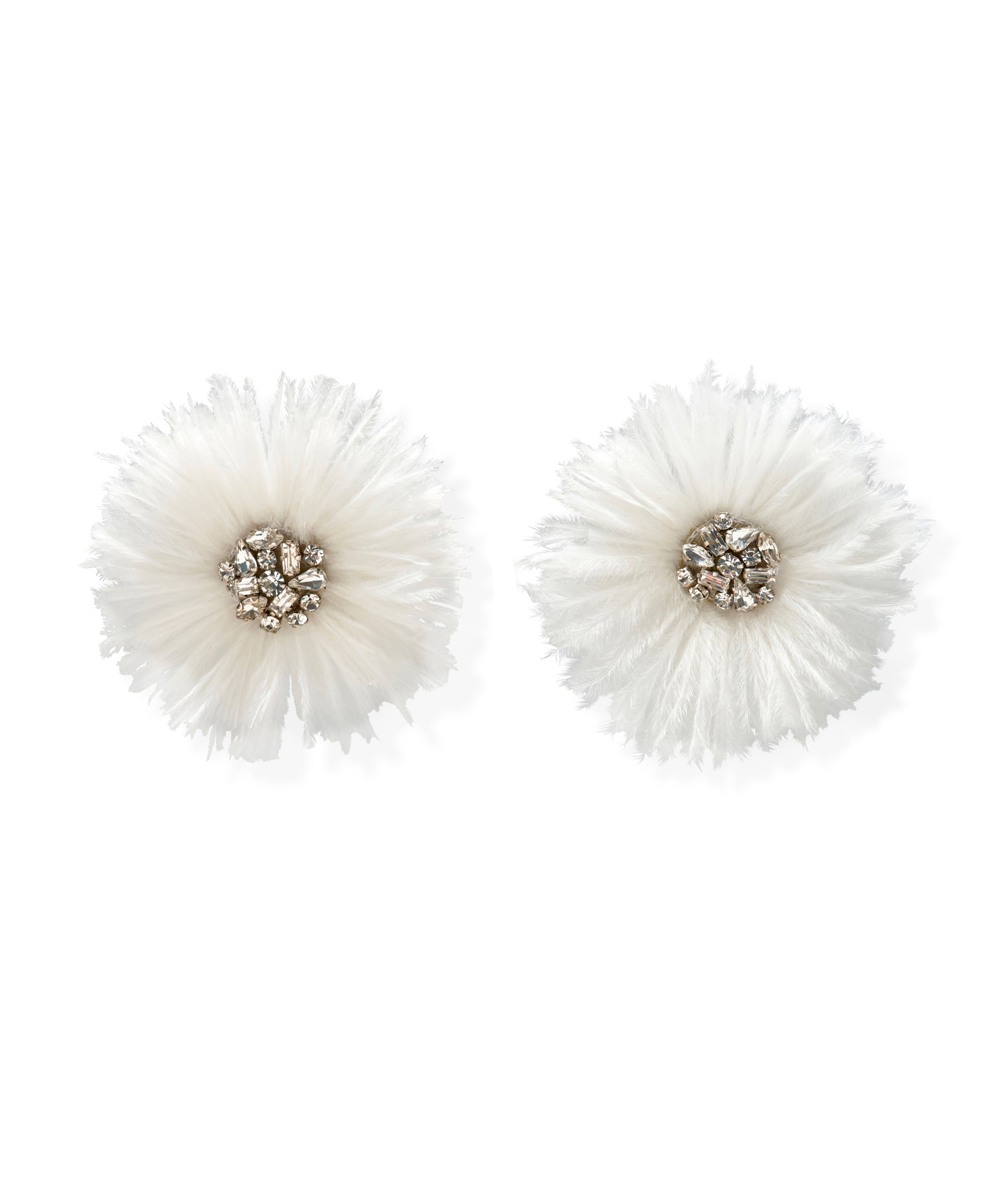 Plume Earrings in White. Stud earrings with sparkling crystals surrounded by lush white ostrich feathers.