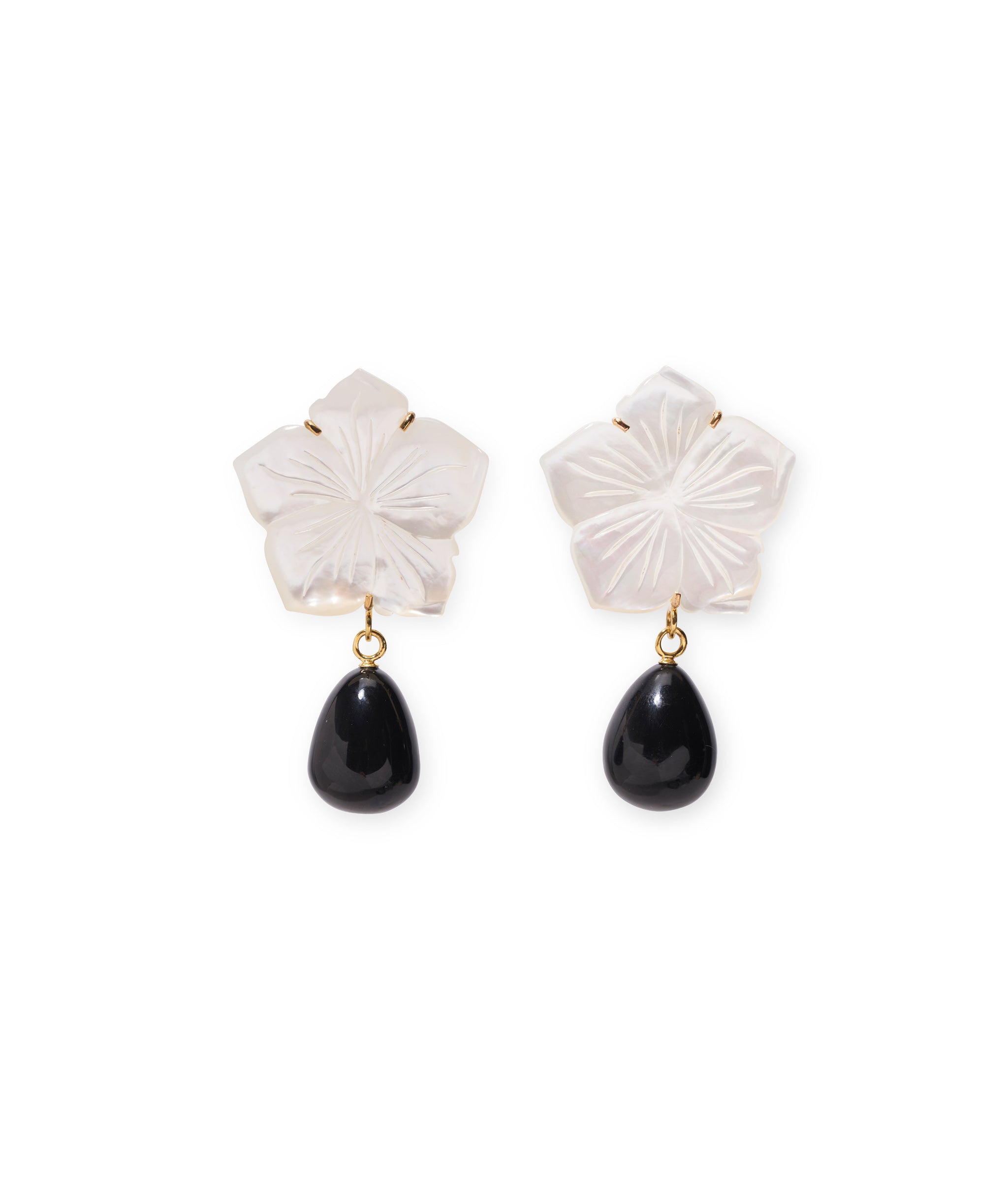 Paper White Earrings. Hand-carved mother-of-pearl flower earrings, with black agate drops.