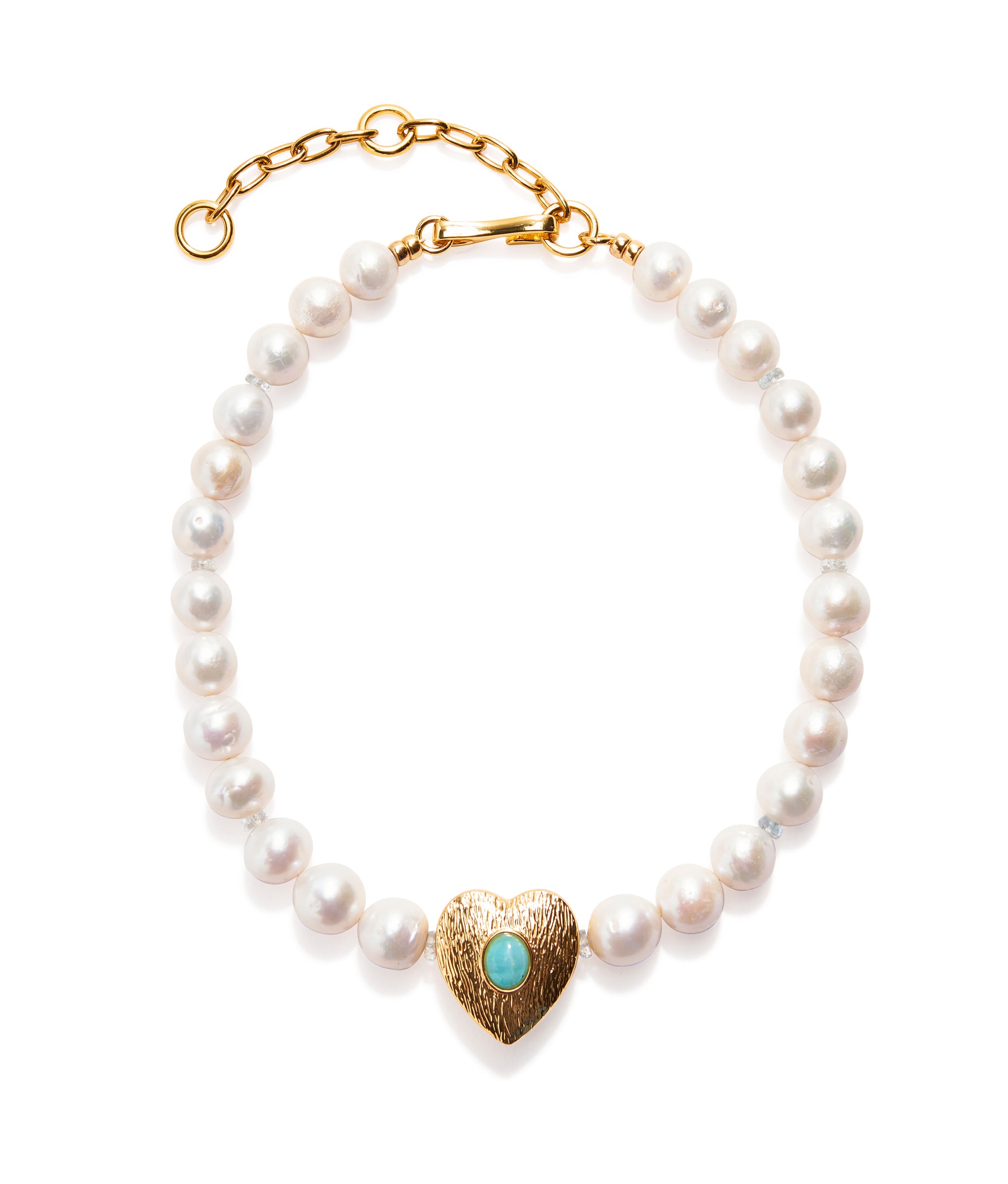 Gemini Collar in Pearl. Gold-plated brass with freshwater pearls, aquamarine, and a gold heart pendant with amazonite.