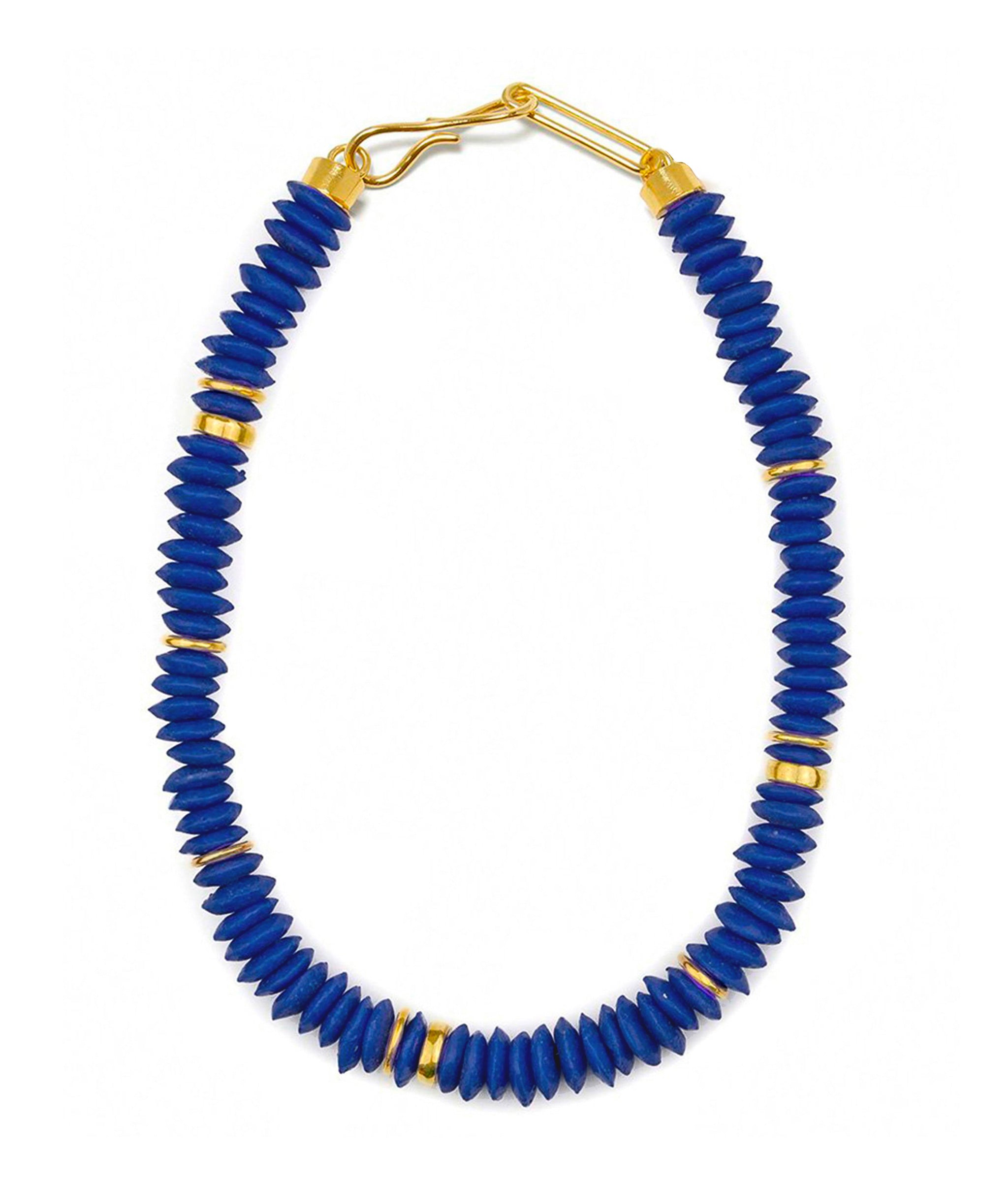 Laguna Necklace in Dark Electric Blue. Single strand of cobalt blue African glass beads with gold accents