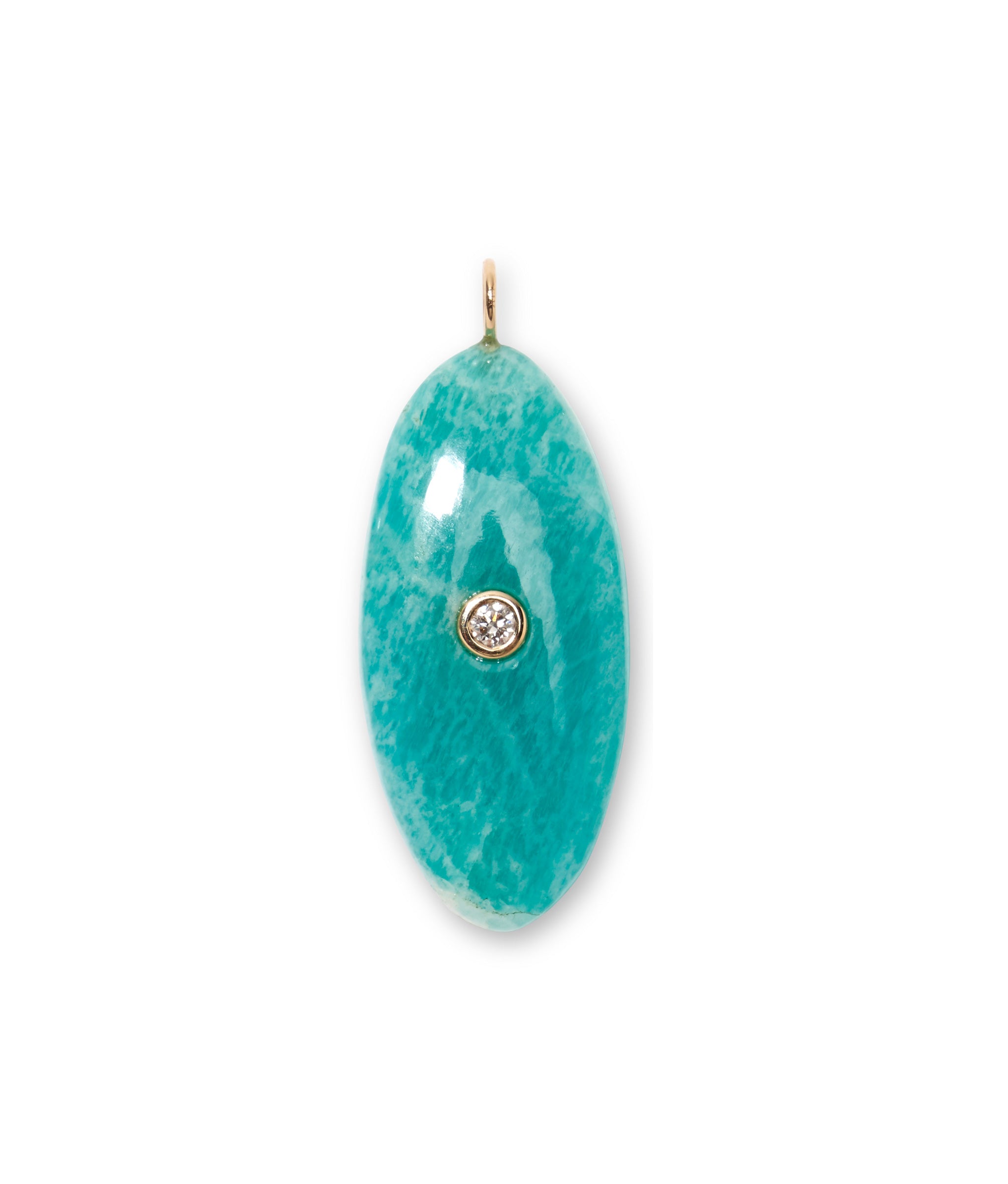 Amazonite & Diamond 14k Gold Necklace Charm. Large oval amazonite with gold bale, inlaid with a diamond