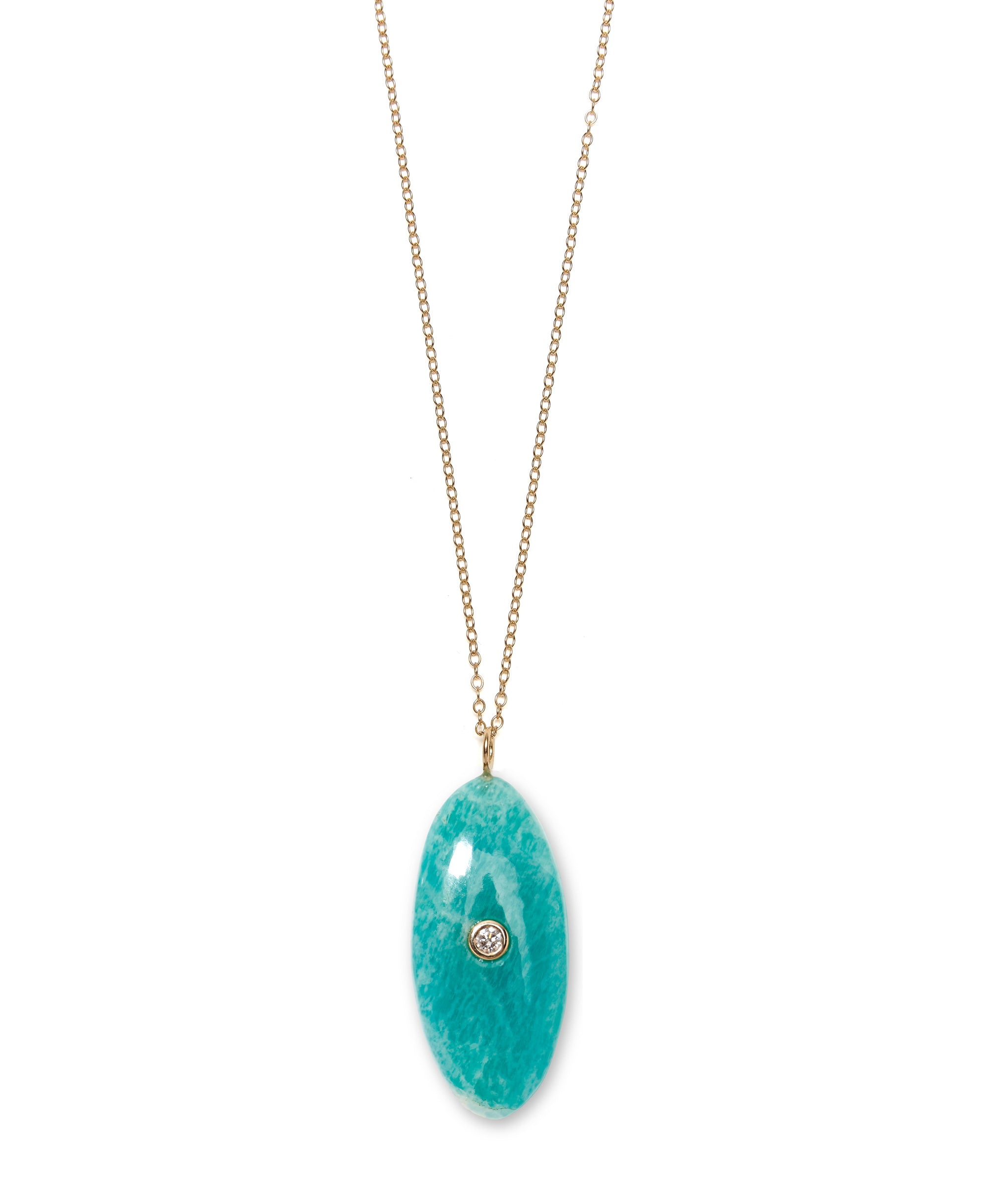 Close-up of gold necklace chain with Amazonite & Diamond 14k Gold Charm