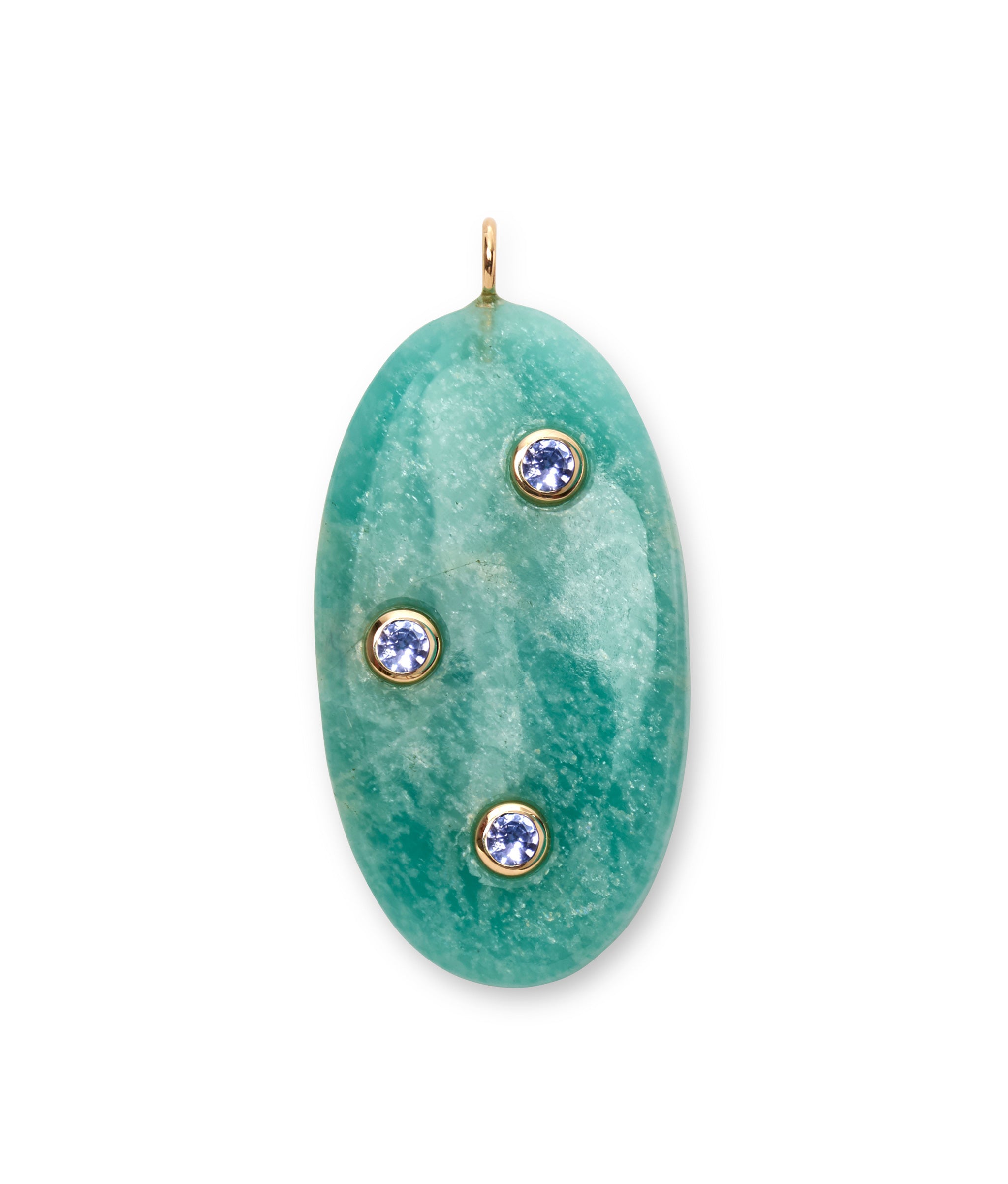 Amazonite & Tanzanite 14k Gold Necklace Charm. Large oval amazonite inlaid with three tanzanite stones
