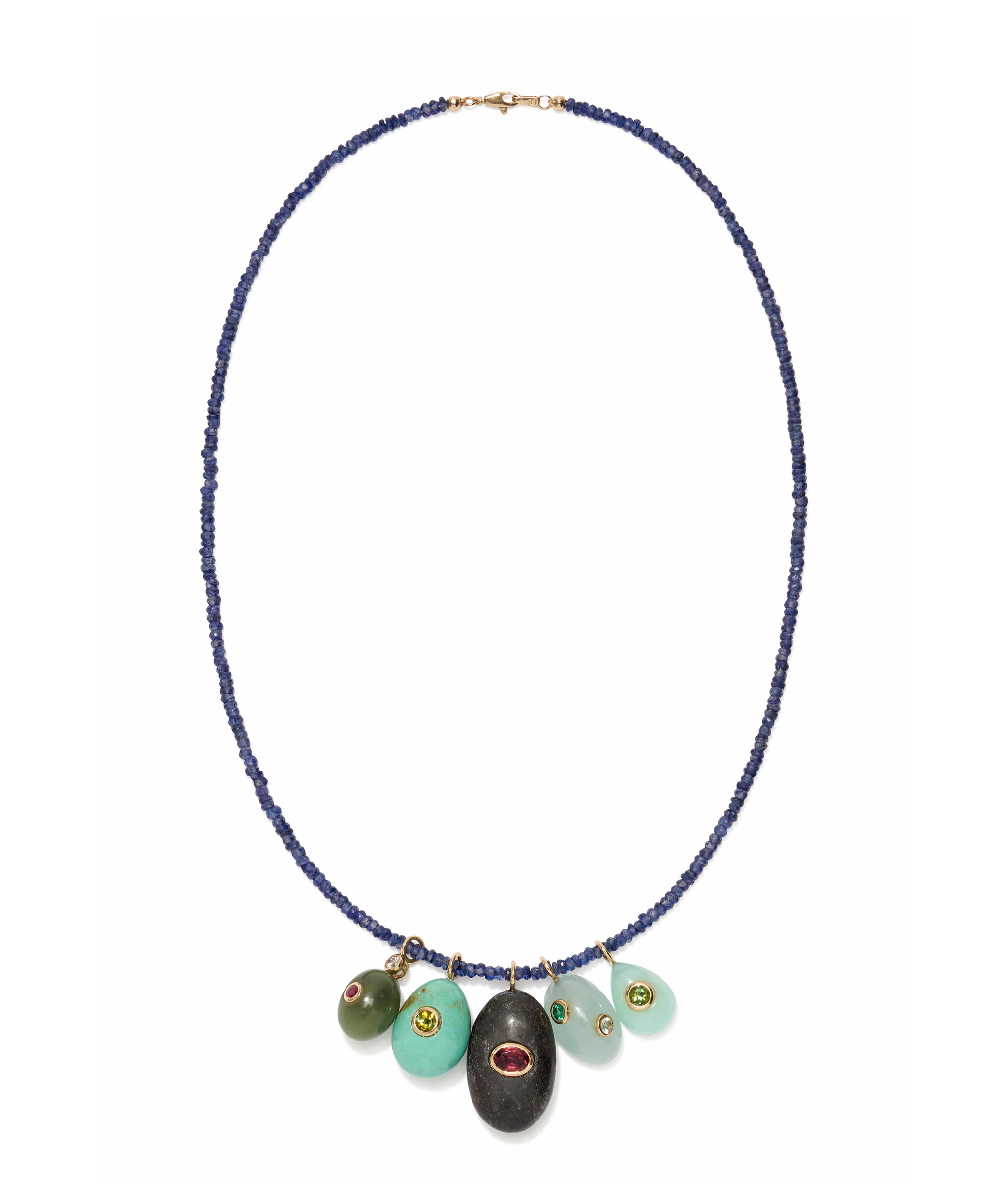 Dark Green Jade, Diamond & Ruby 14k Gold Necklace Charm