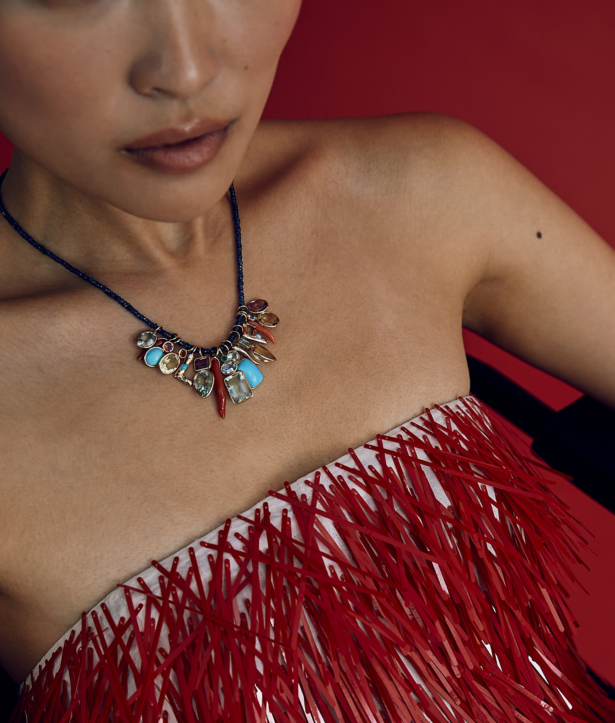 Rectangle Column 14k Gold Necklace Charm in Emerald, Sky Blue Topaz & Green Amethyst