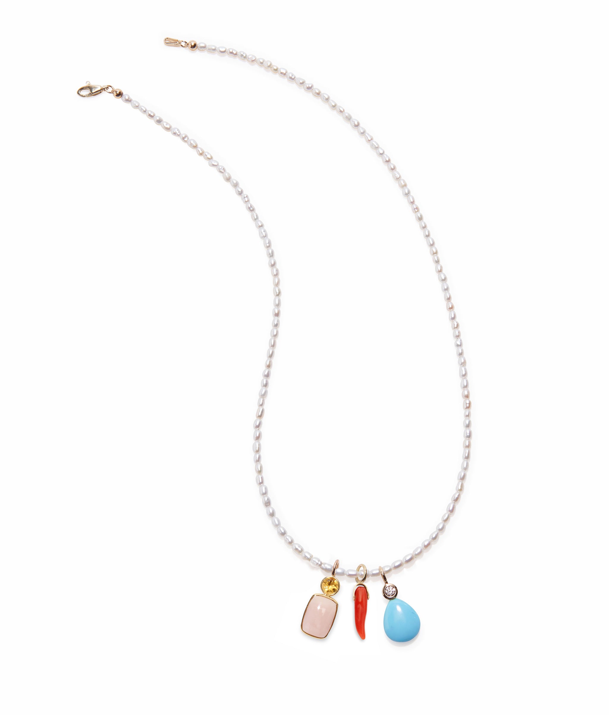 Tiny Beaded 14k Gold and Pearl Necklace with assorted colorful semiprecious charms.