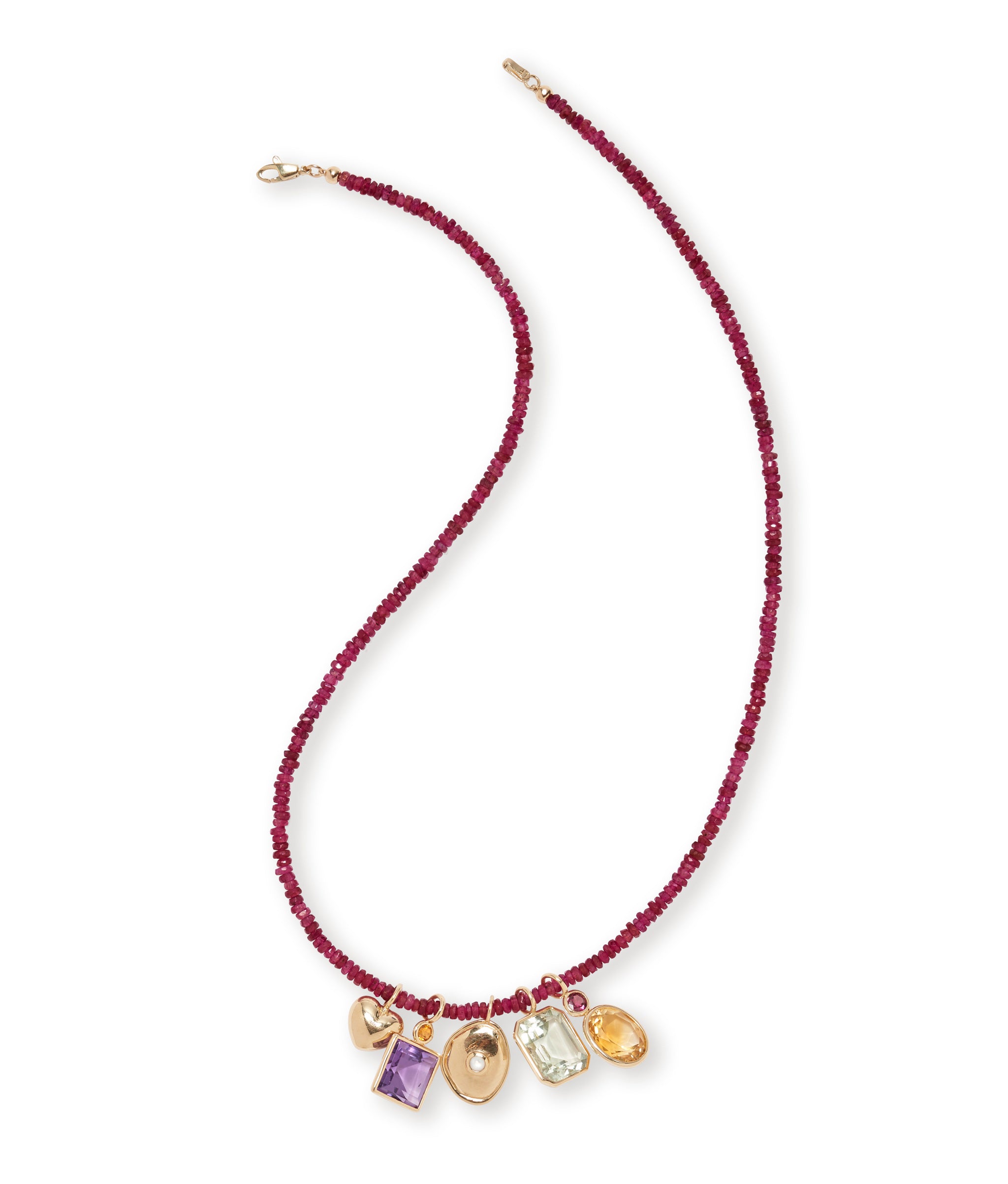 Tiny Beaded 14k Gold Ruby Necklace Base adorned with assorted gemstone and gold charms.