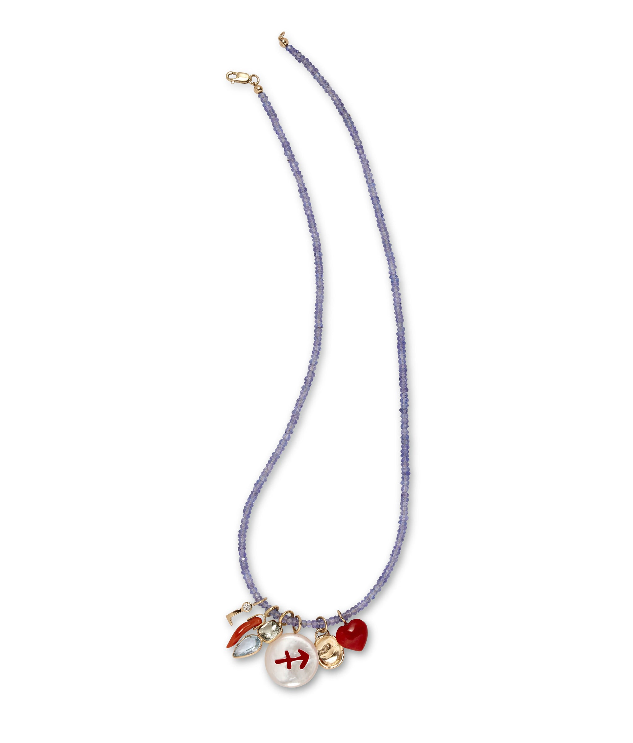 Tiny Beaded 14k Gold Necklace in Tanzanite with assorted charms