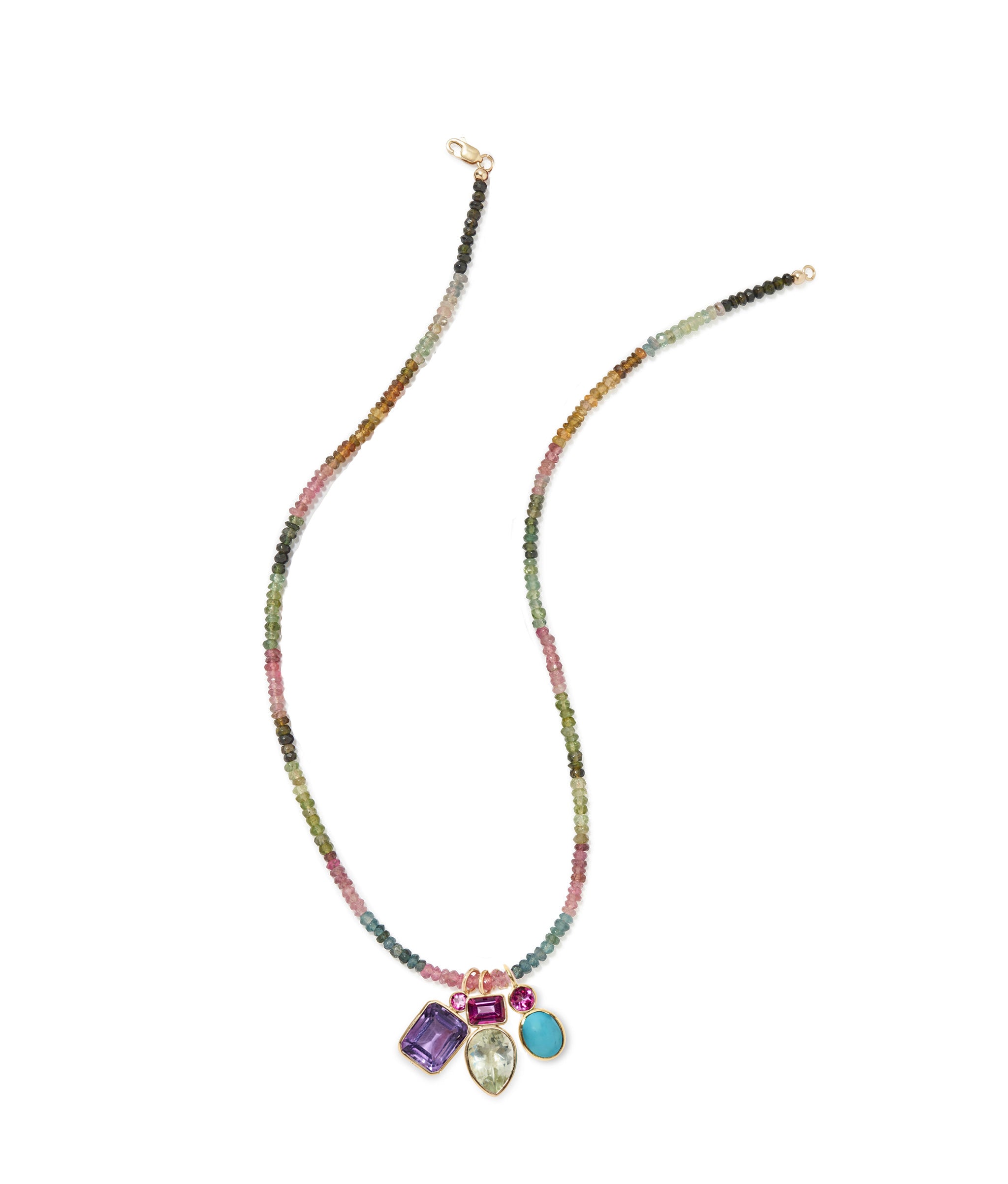 Tiny Beaded 14k Gold Necklace in Rainbow Tourmaline with semiprecious charms