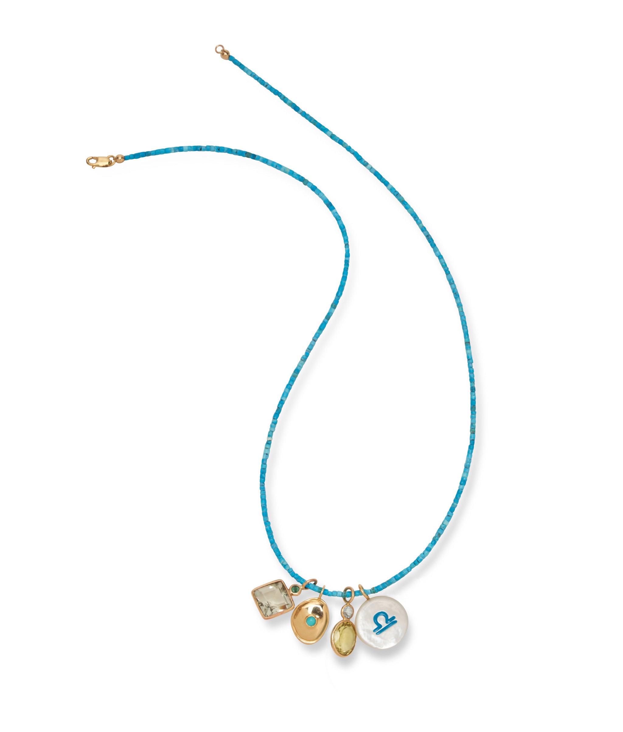 Tiny Beaded 14k Gold and Turquoise Necklace with assorted semiprecious charms.