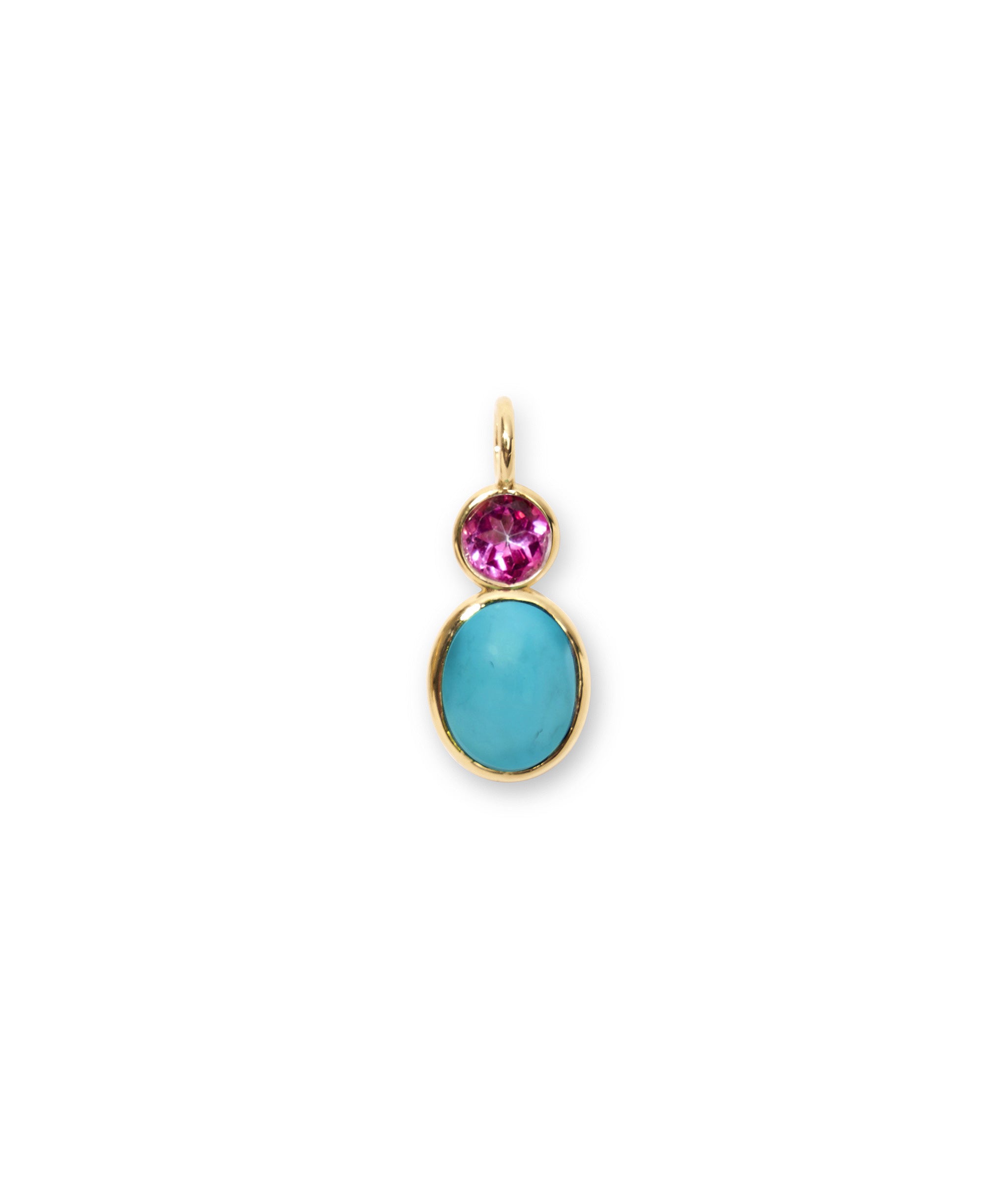 Pink Topaz & Turquoise 14k Gold Necklace Charm. Faceted pink topaz and turquoise oval cabochon with gold bezels