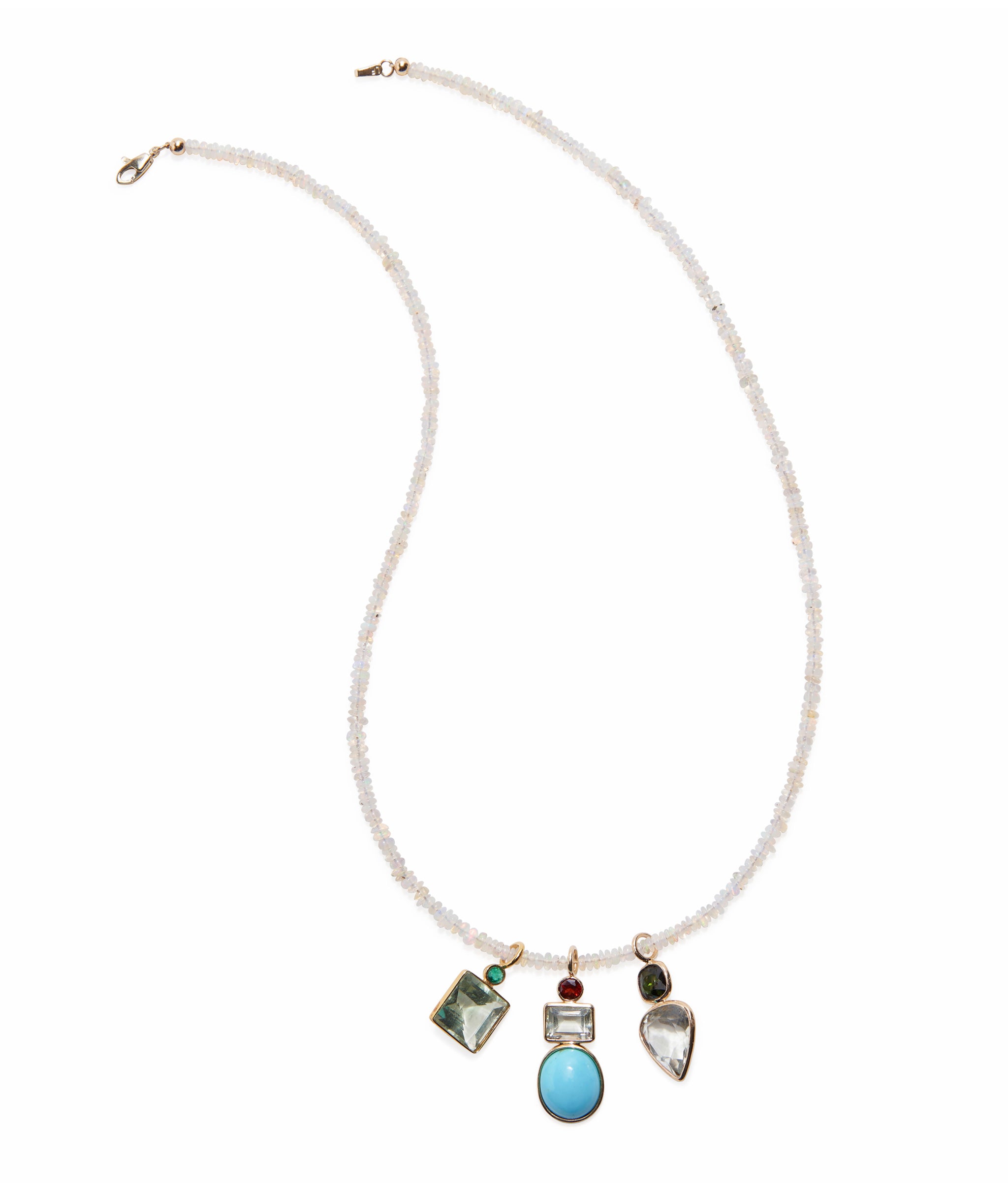 Tiny Beaded 14k Gold and Herkimer Diamond Quartz Necklace with three colorful semiprecious charms